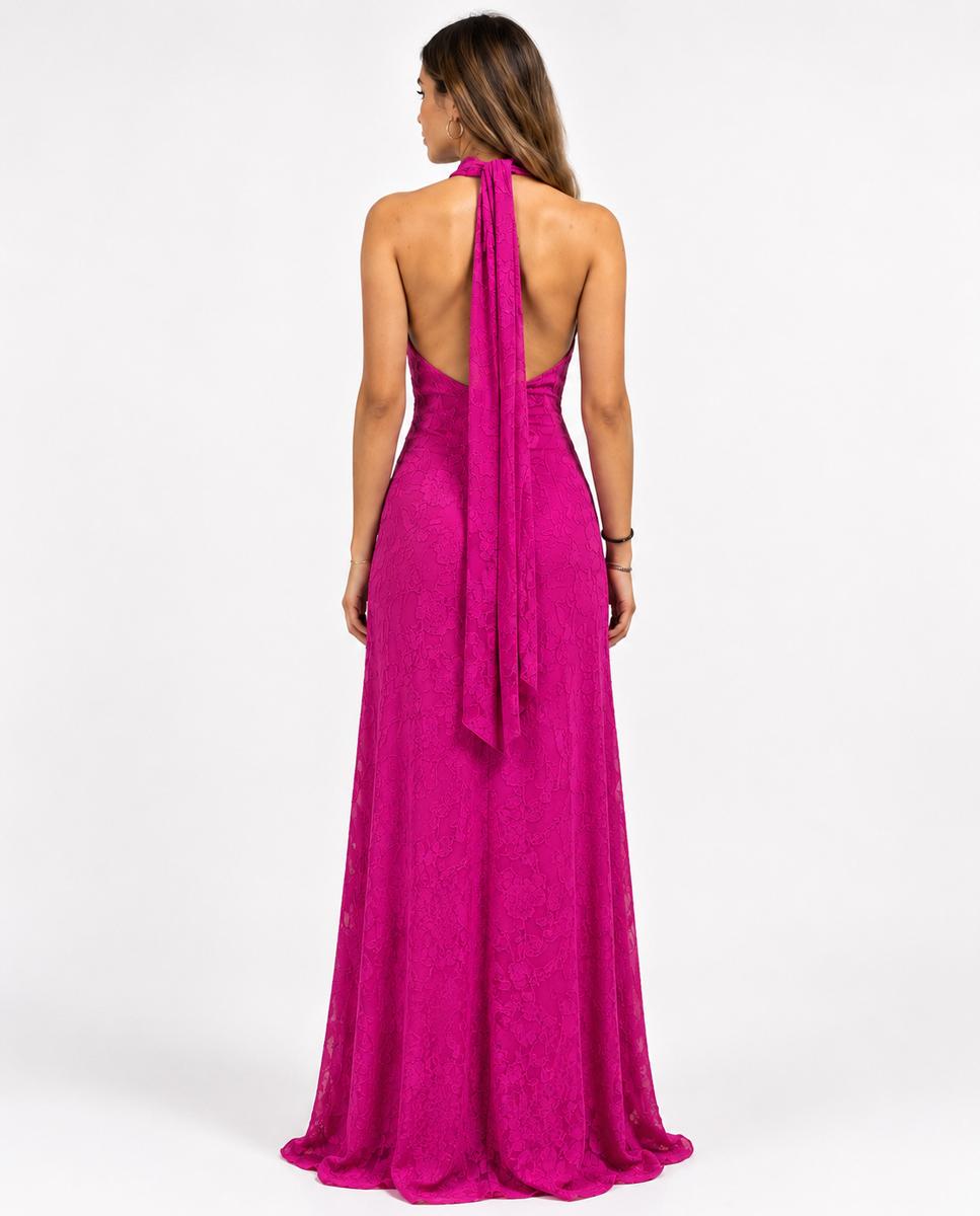 Vestido albor largo con escote halter y pañuelo al cuello - Veneno en la piel - Rosa Rosa-3