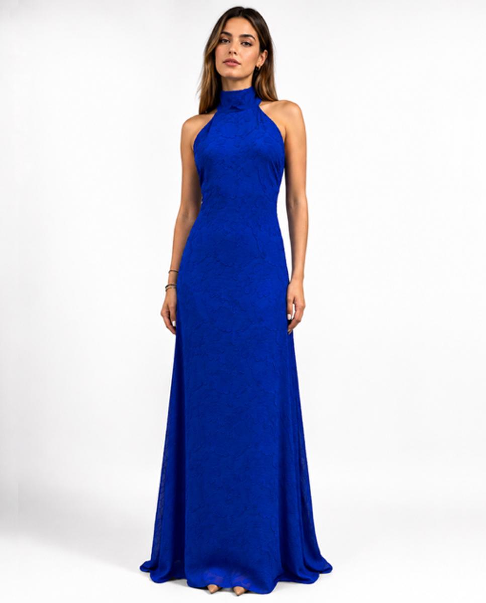 Imagen 0 de Vestido albor largo con escote halter y pañuelo al cuello Azul eléctrico