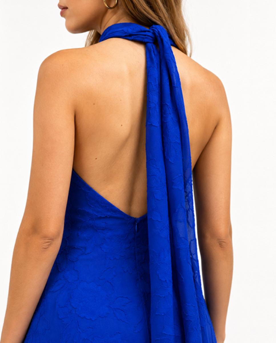 Vestido albor largo con escote halter y pañuelo al cuello - Veneno en la piel - Azul eléctrico Azul eléctrico-2