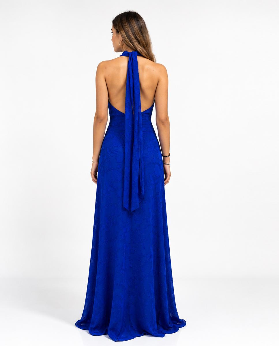Vestido albor largo con escote halter y pañuelo al cuello - Veneno en la piel - Azul eléctrico Azul eléctrico-3