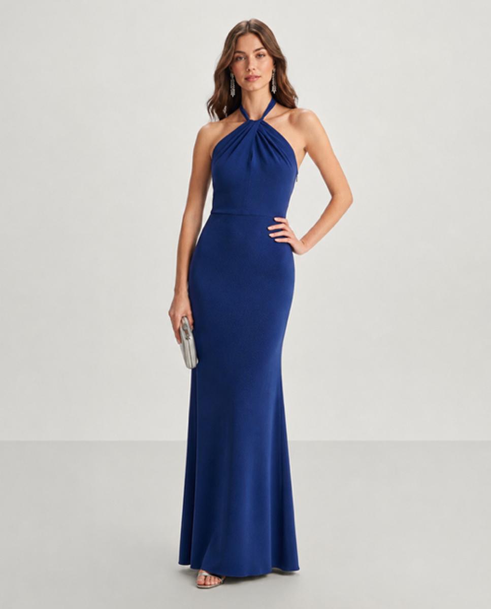 Imagen 0 de Vestido lumbre largo en crepe con escote halter y espalda descubierta Azul