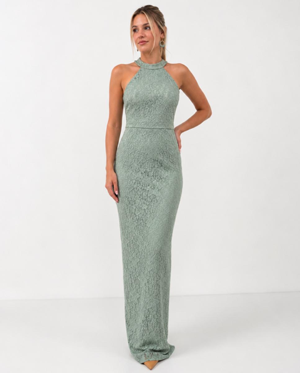 Imagen 0 de Vestido phase largo con silueta entallada y cuello halter Verde Agua