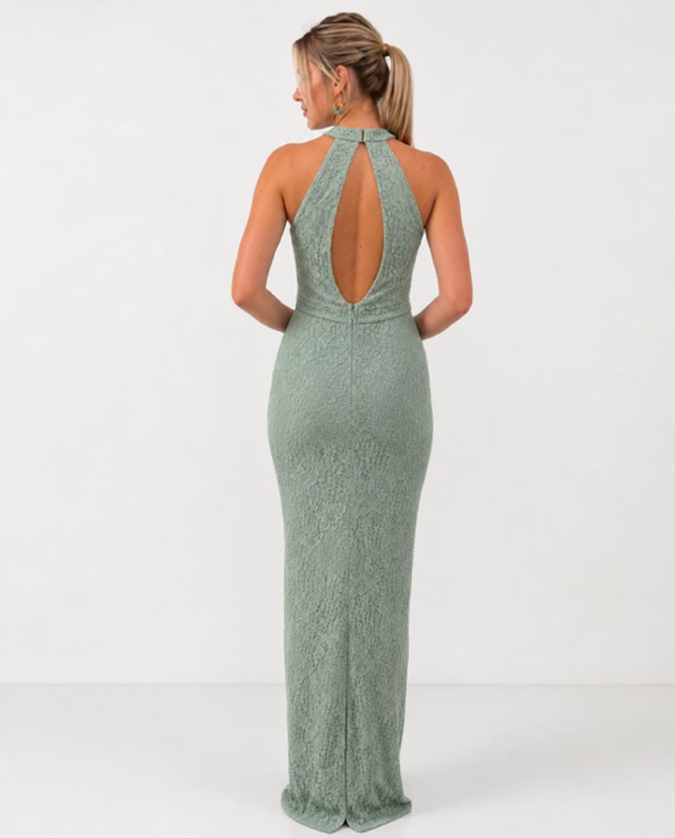 Vestido phase largo con silueta entallada y cuello halter - Veneno en la piel - Blanco Verde Agua-3