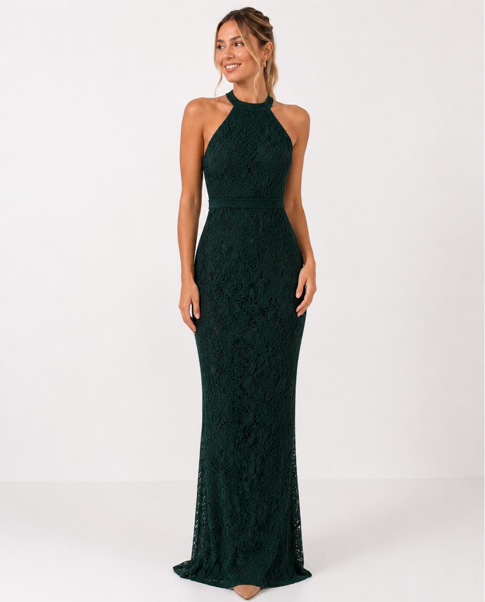 Vestido phase largo con silueta entallada y cuello halter - Veneno en la piel - Verde oscuro Verde oscuro-1