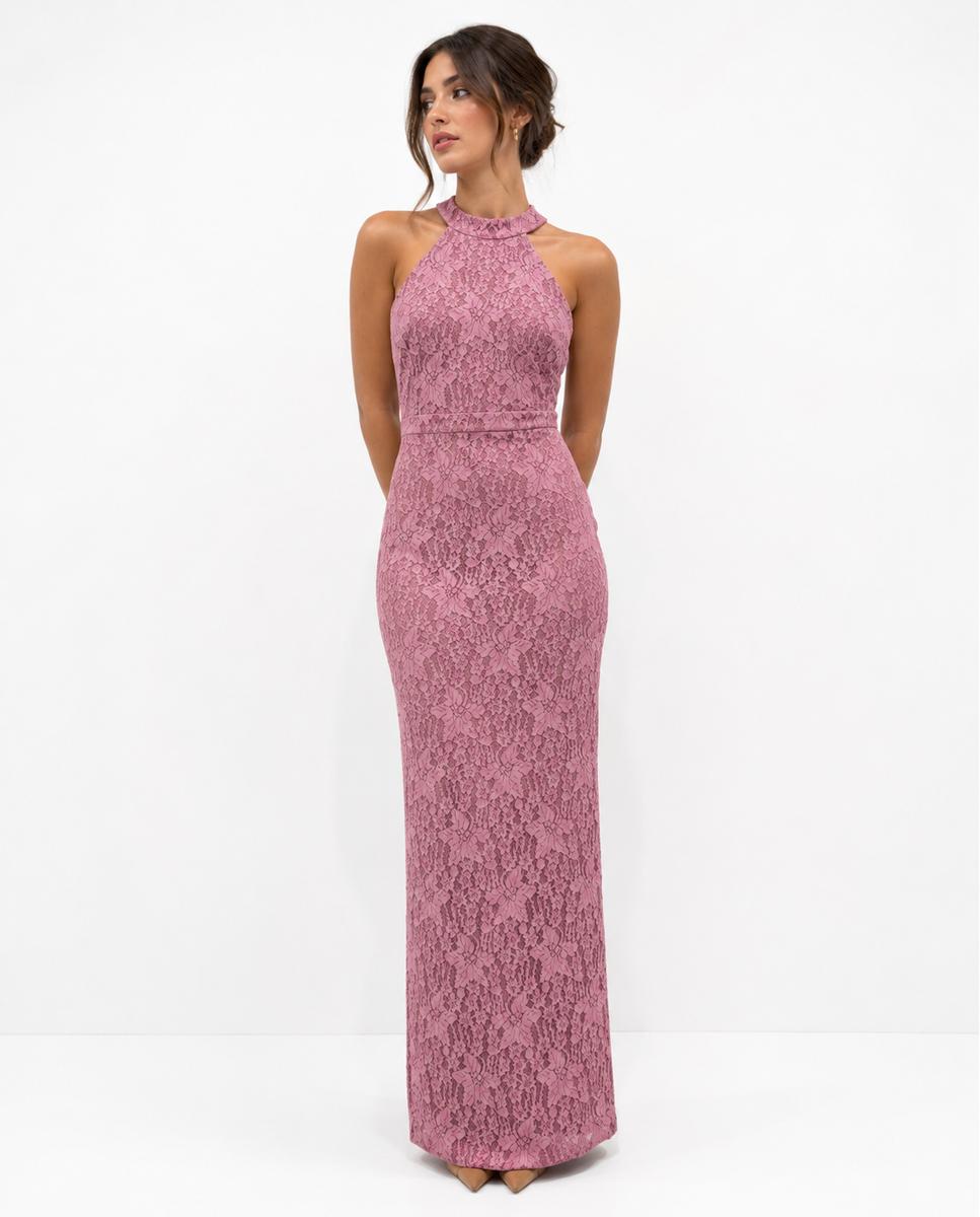 Vestido phase largo con silueta entallada y cuello halter - Veneno en la piel - Rosa Rosa-1