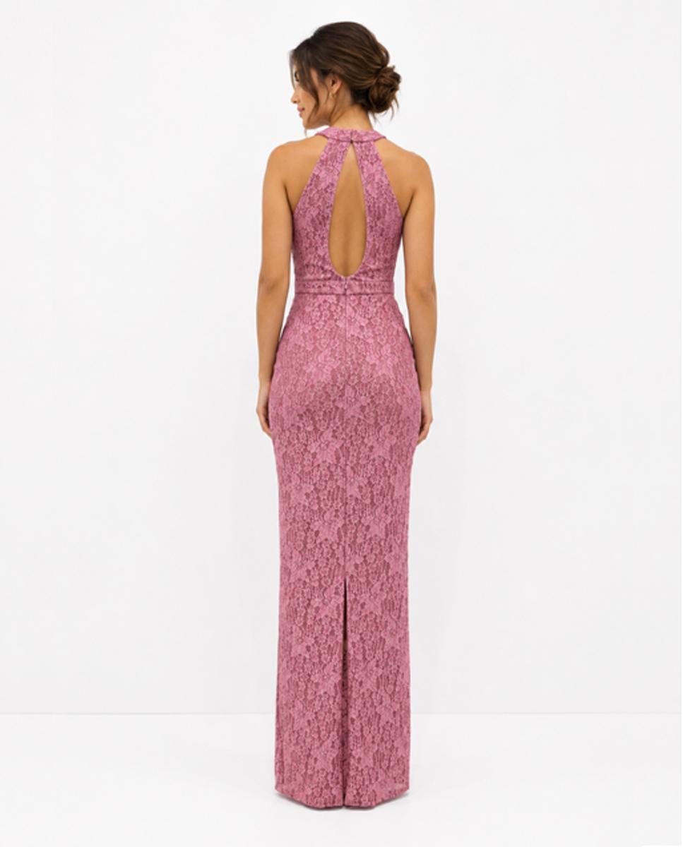 Vestido phase largo con silueta entallada y cuello halter - Veneno en la piel - Rosa Rosa-3