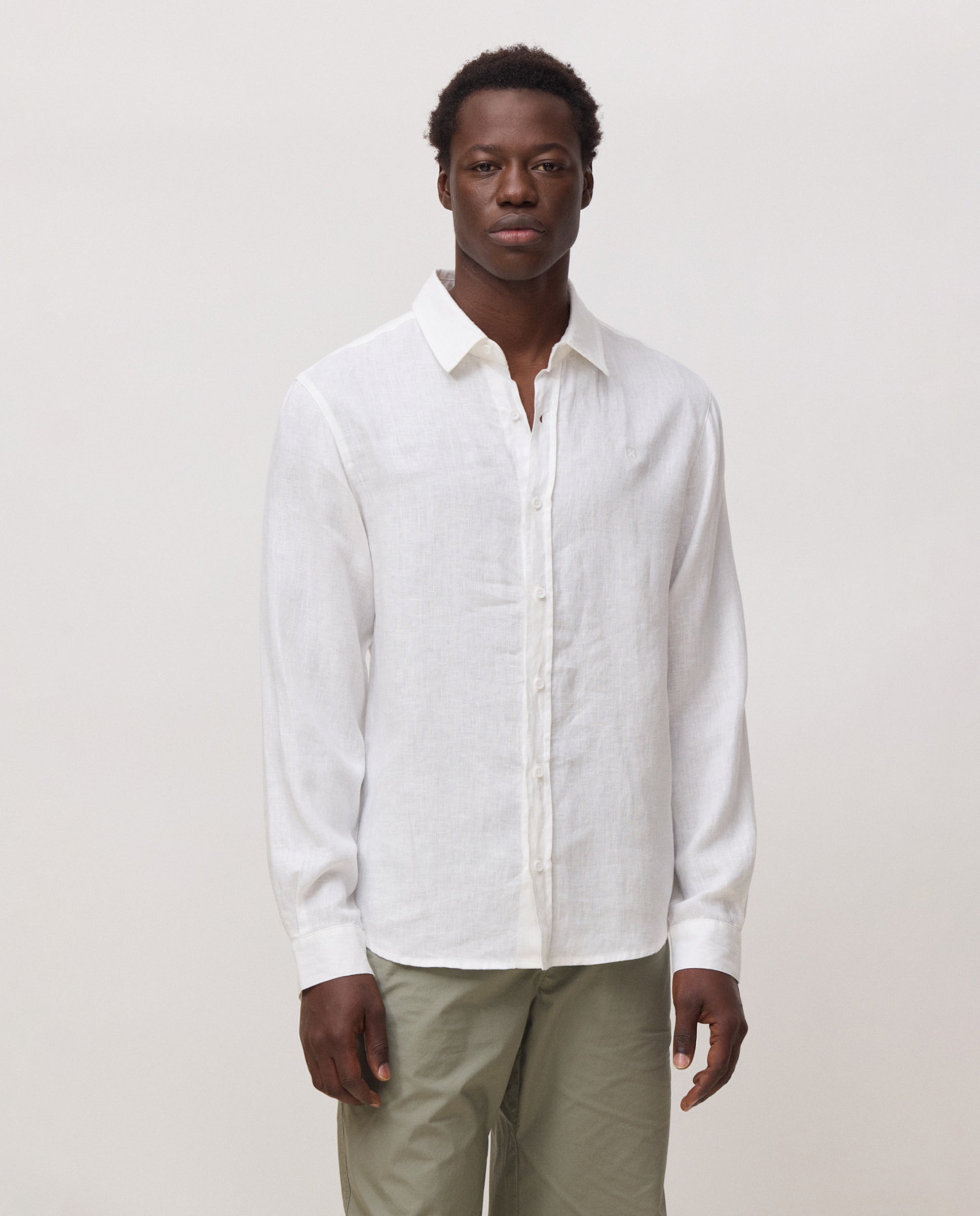 Blue Banana - Camisa de hombre 100% lino core blanco.