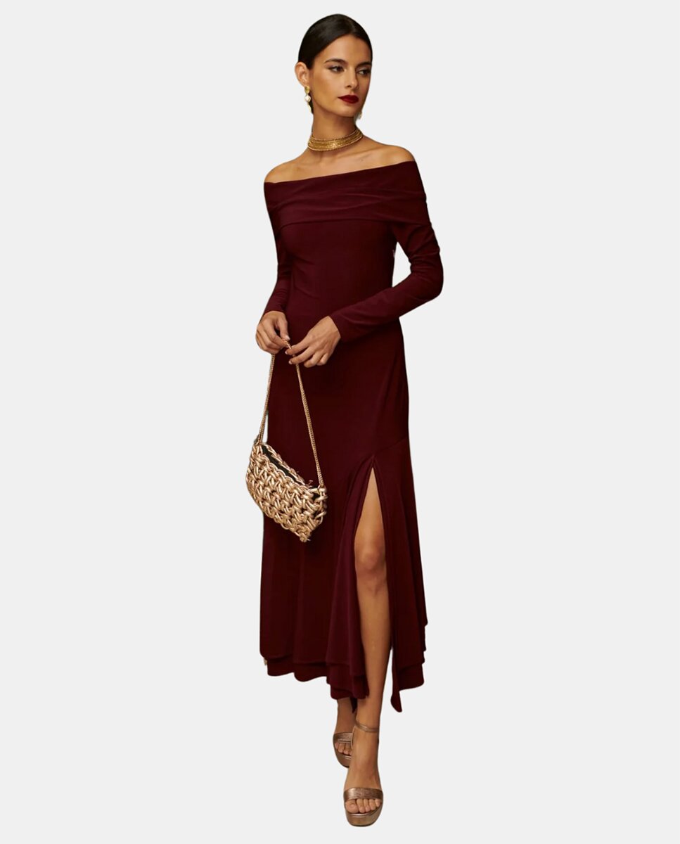 Imagen 0 de Vestido midi con doble volante y abertura Burdeos