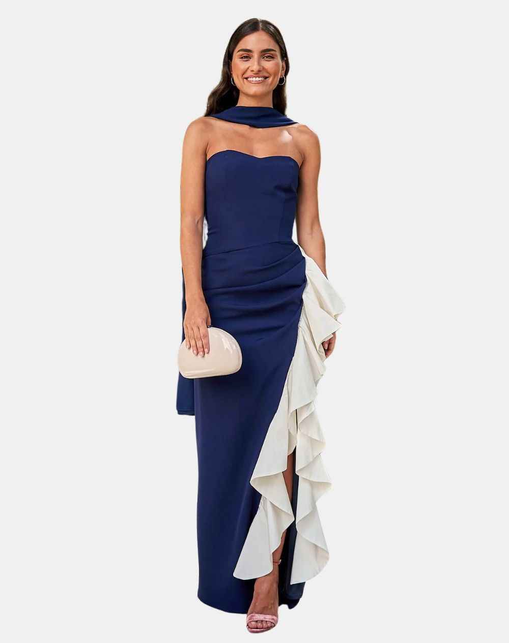 MIPHAI - Vestido largo con escote palabra de honor y volante.
