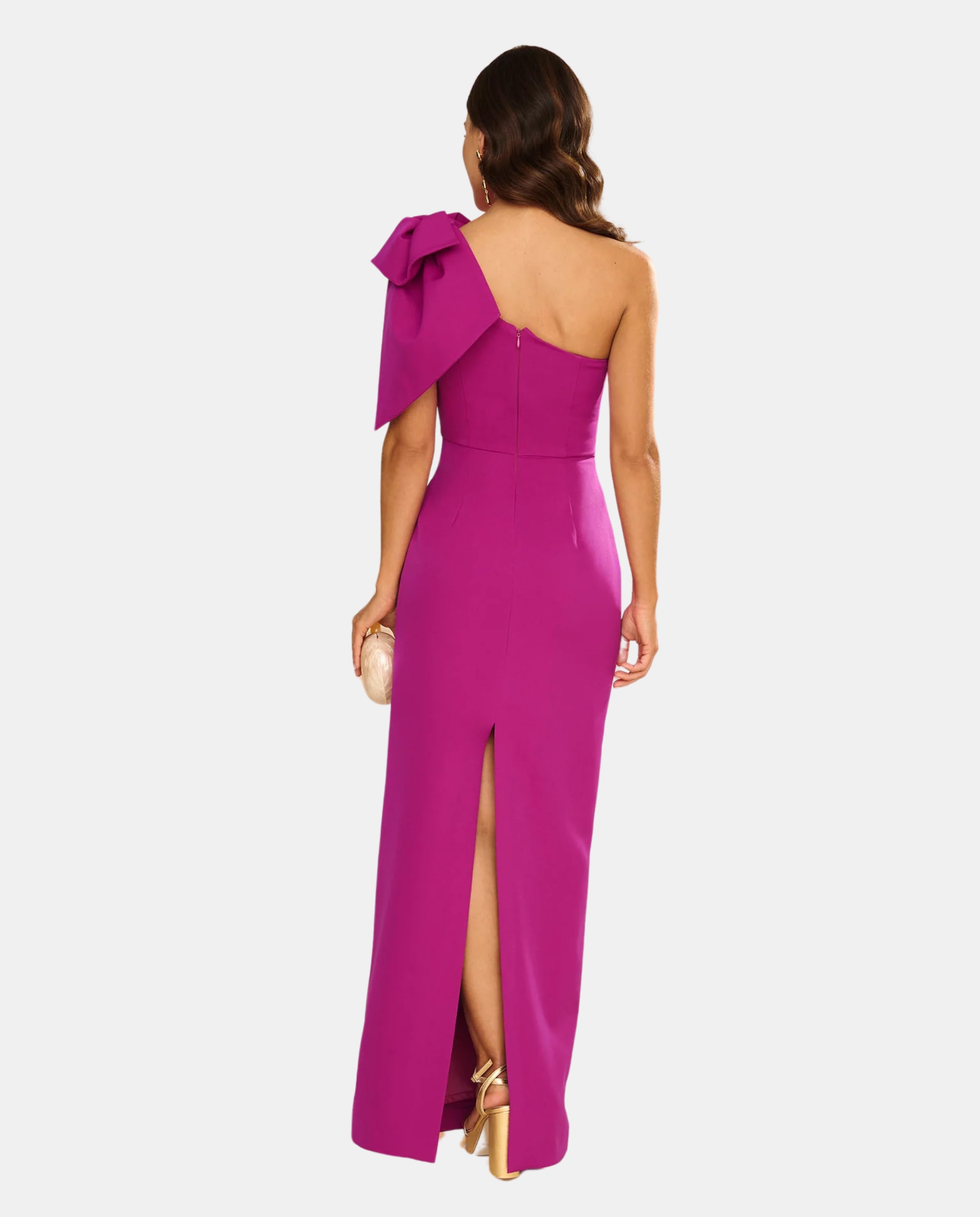 Vestido largo con lazo y abertura trasera - MIPHAI - Fucsia Fucsia-4