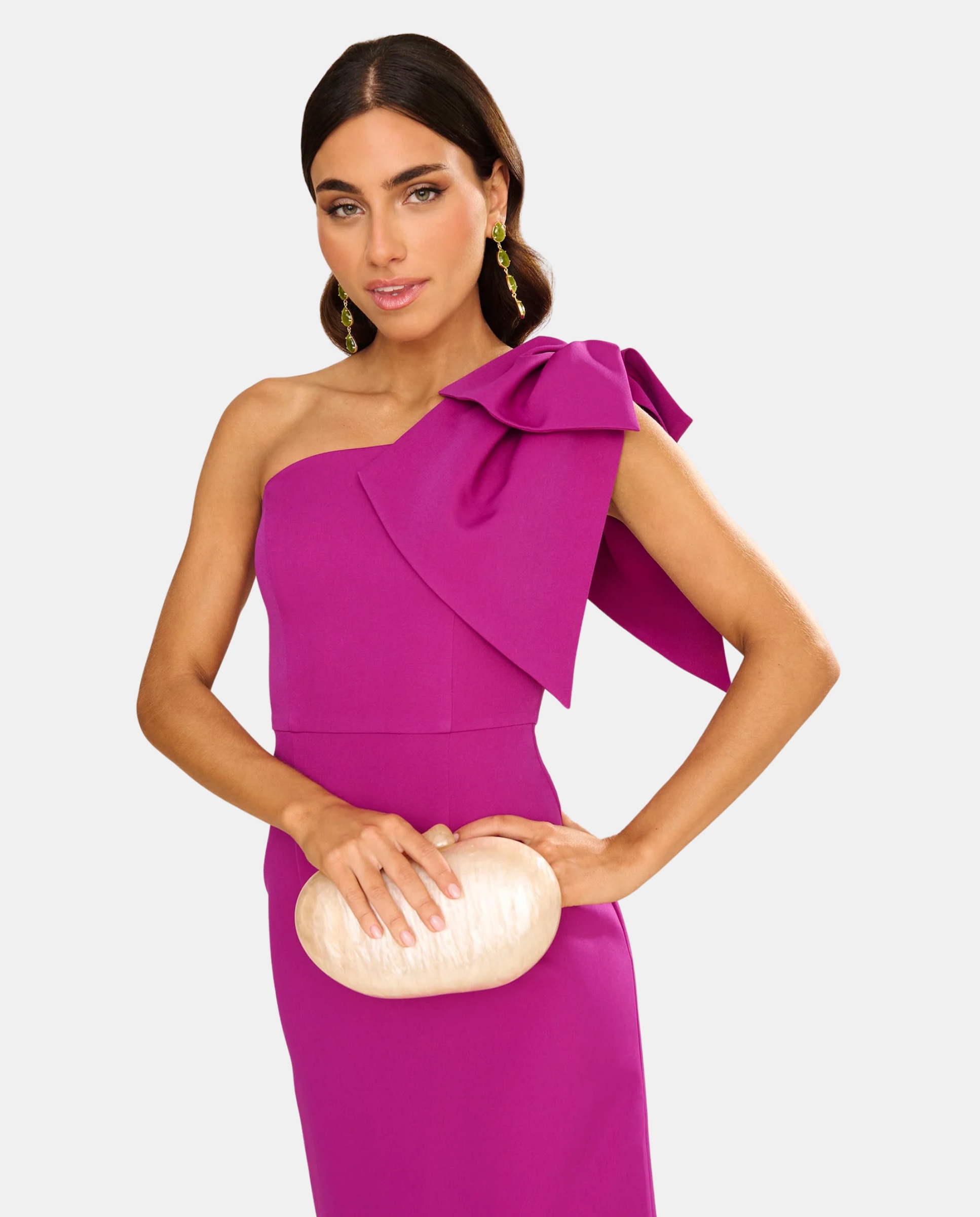 Vestido largo con lazo y abertura trasera - MIPHAI - Fucsia Fucsia-5