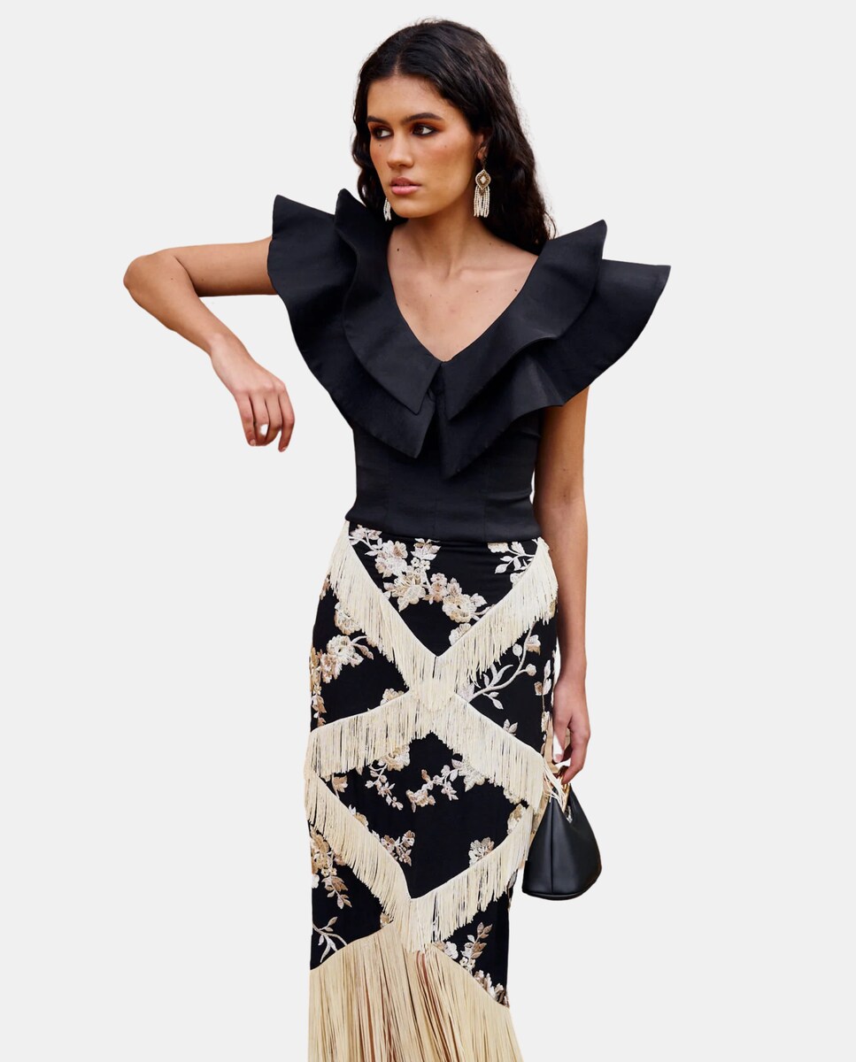 Top de mujer con escote en pico y doble volante · MIPHAI · El