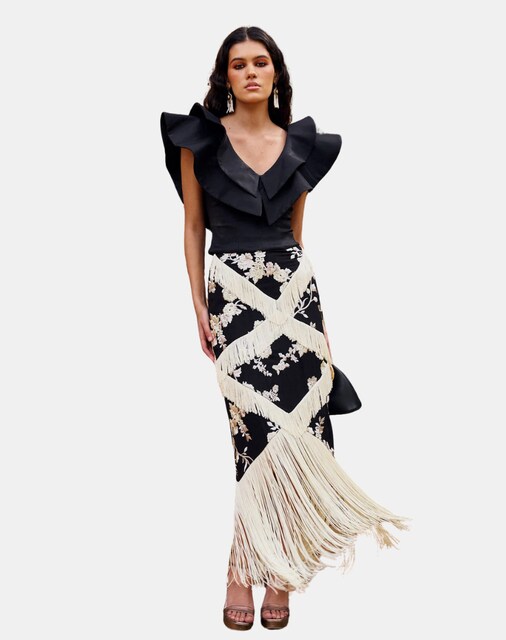 Imagen 0 de Falda midi con flecos estampada