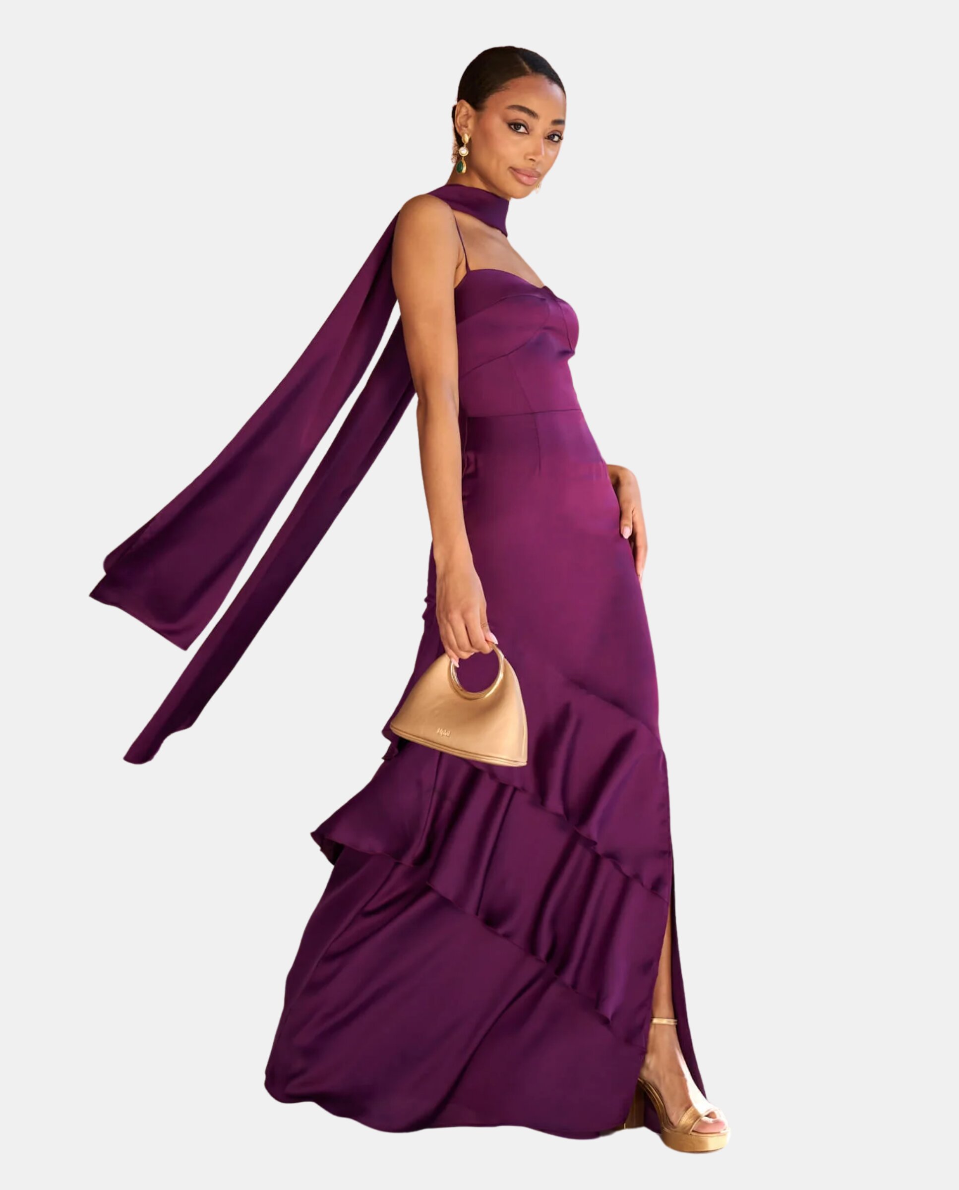 MIPHAI - Vestido largo con escote corazón y chal multiposición.