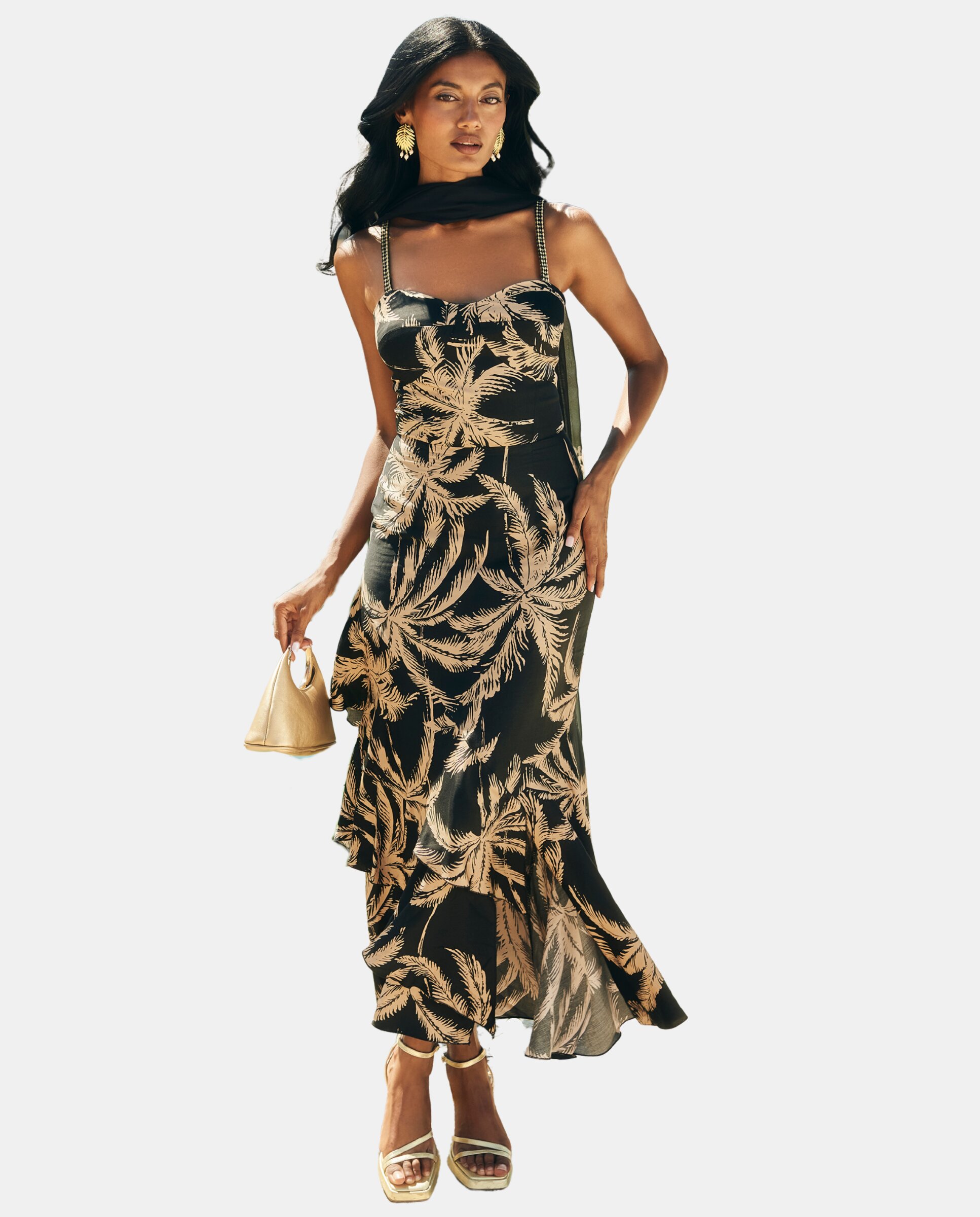 MIPHAI - Vestido midi estampado con chal multiposición.