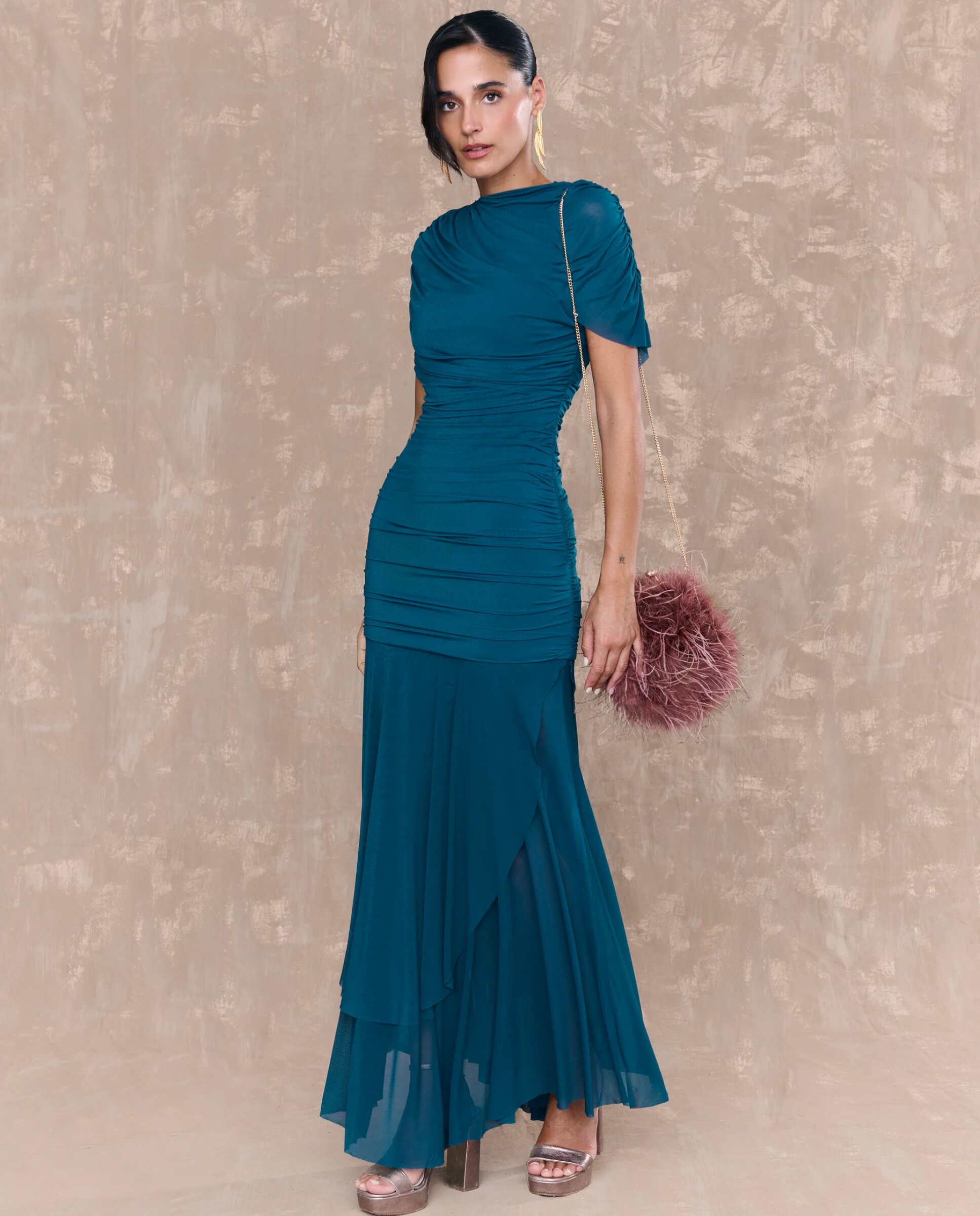 MIPHAI - Vestido midi drapeado con tul.