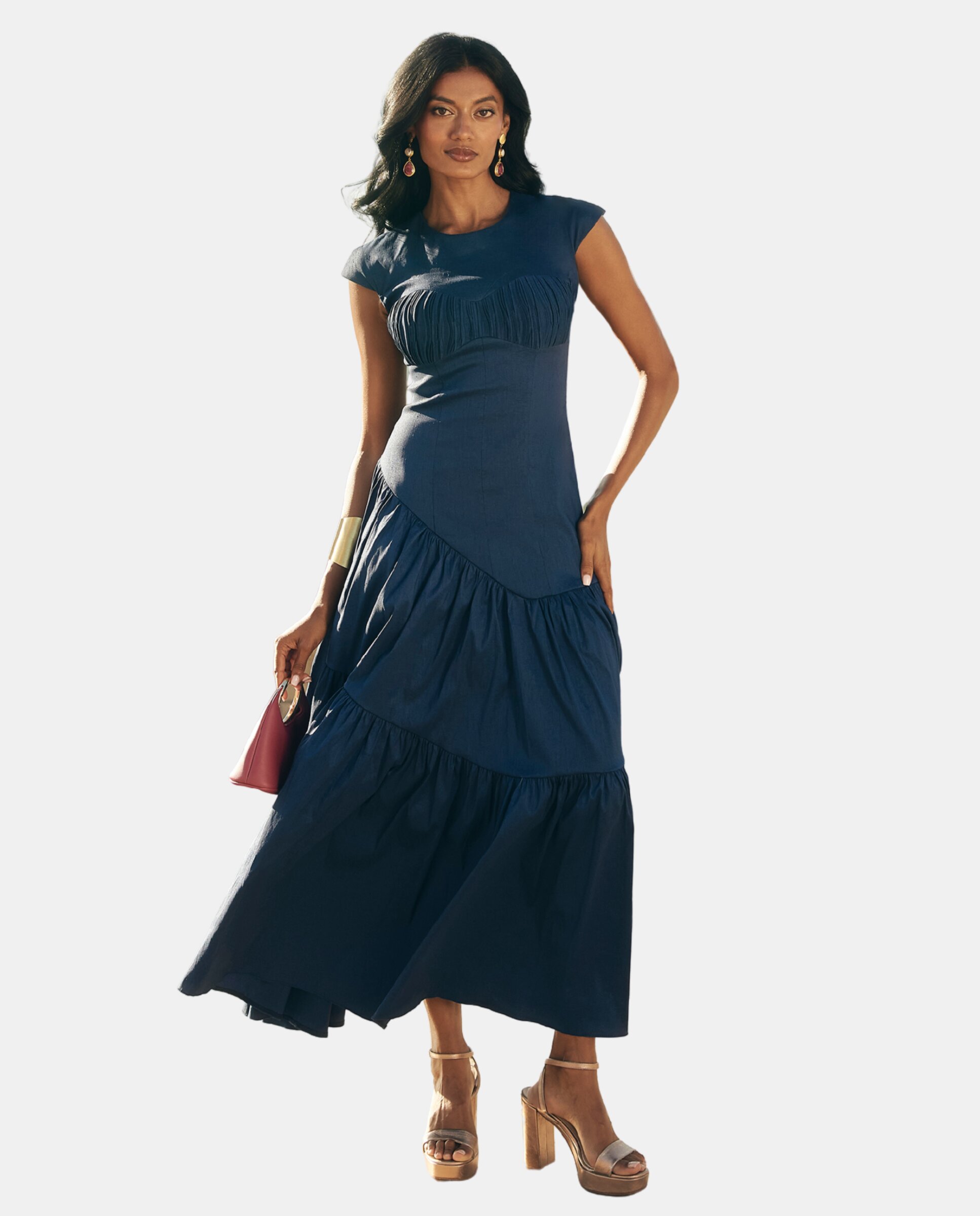 MIPHAI - Vestido midi con cintura entallada y escote plisado.