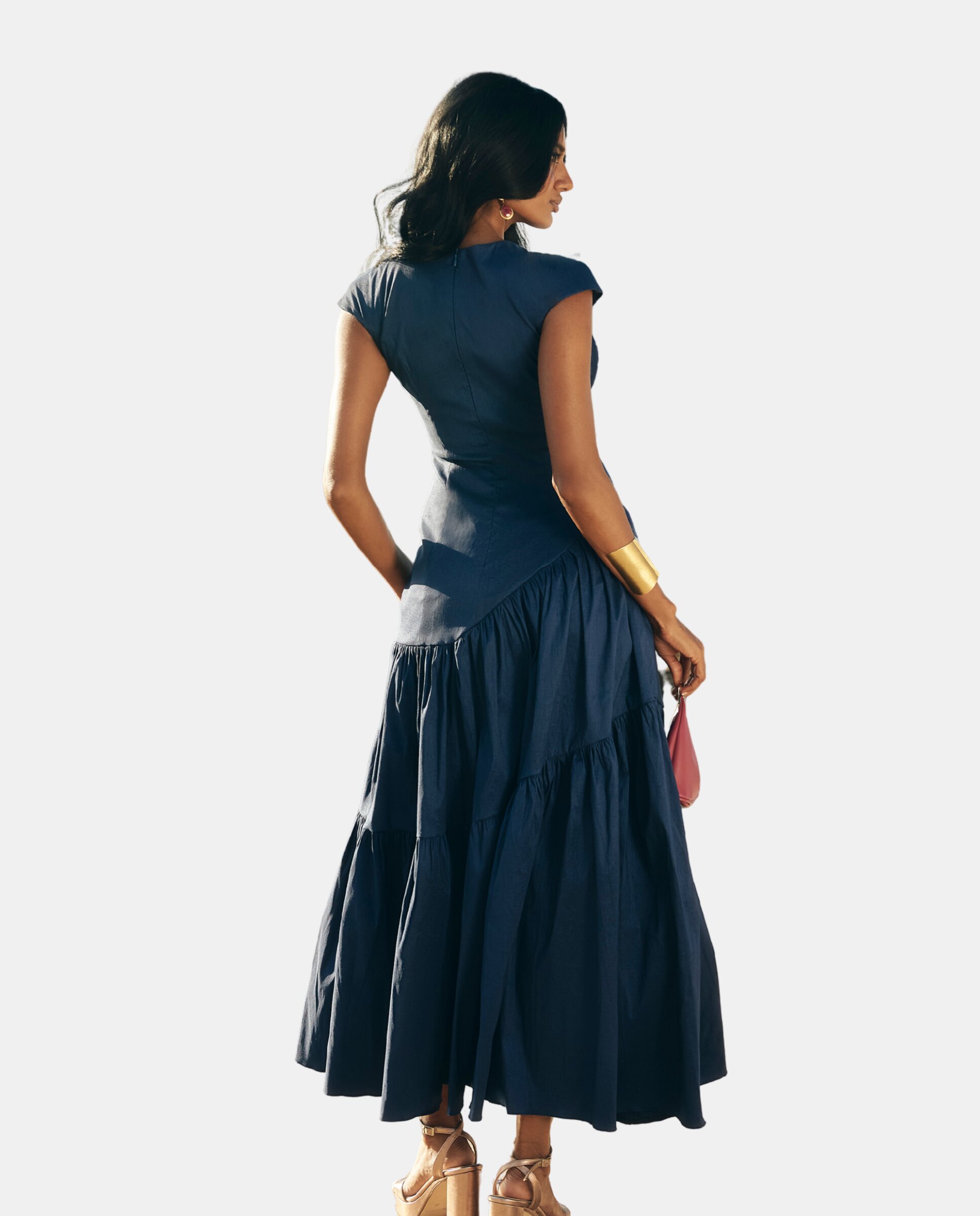 Imagen 3 de Vestido midi con cintura entallada y escote plisado - Azul marino Azul marino