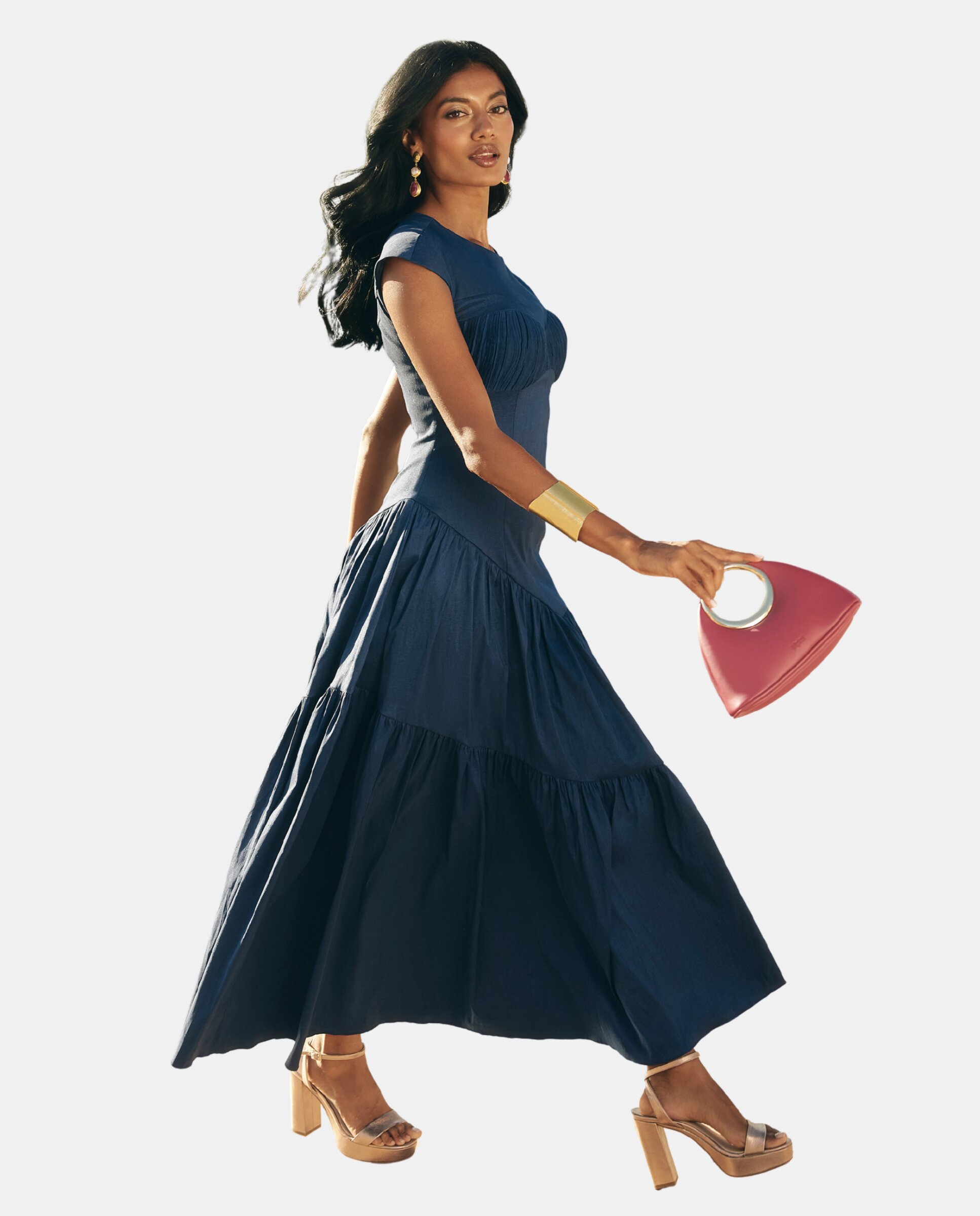Imagen 4 de Vestido midi con cintura entallada y escote plisado - Azul marino Azul marino