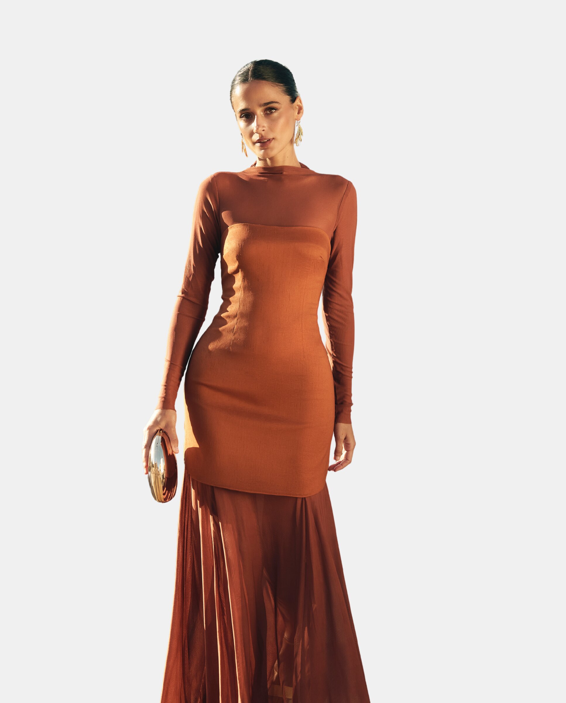 MIPHAI - Vestido midi con tul y escote palabra de honor.