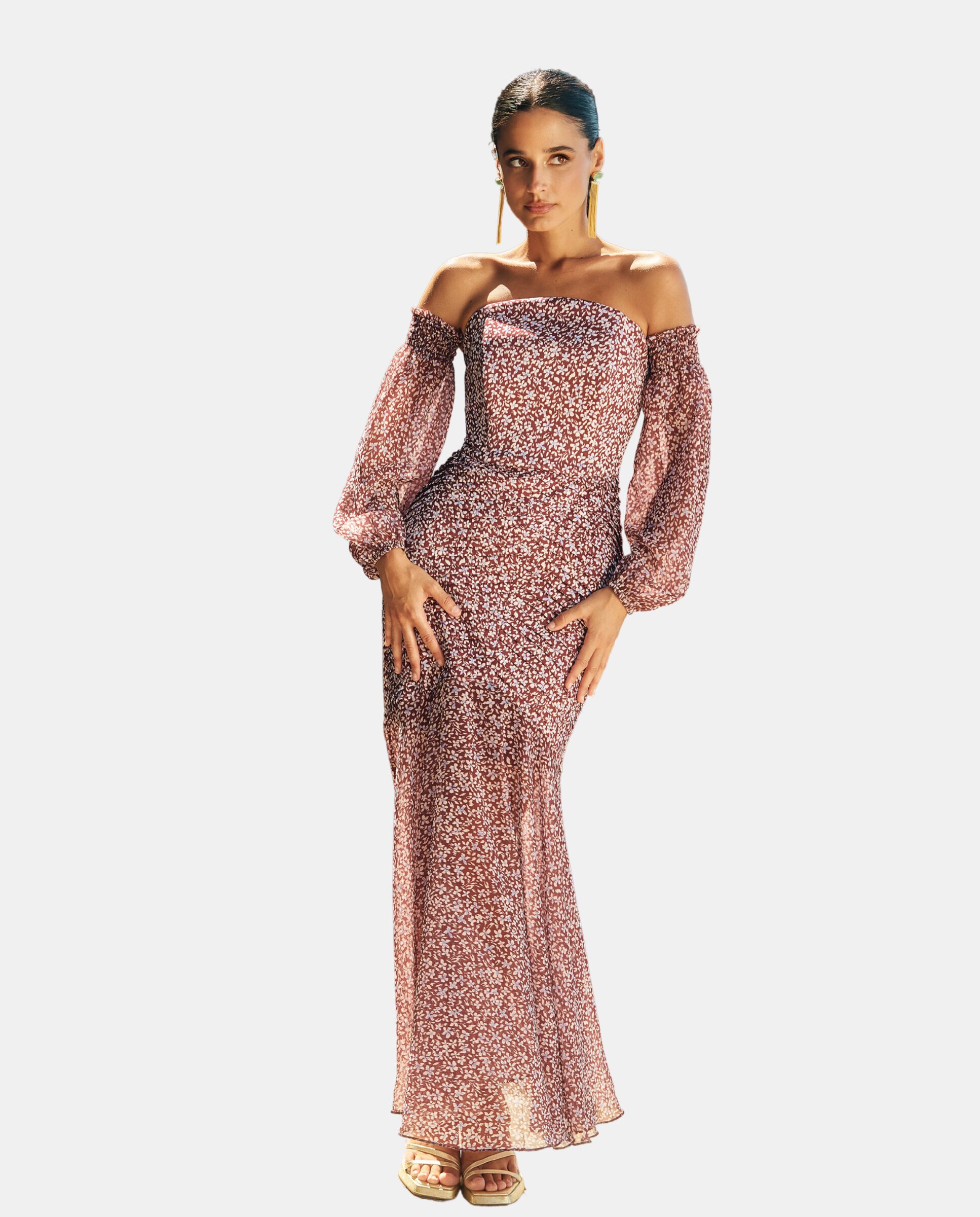 MIPHAI - Vestido midi palabra de honor estampado.