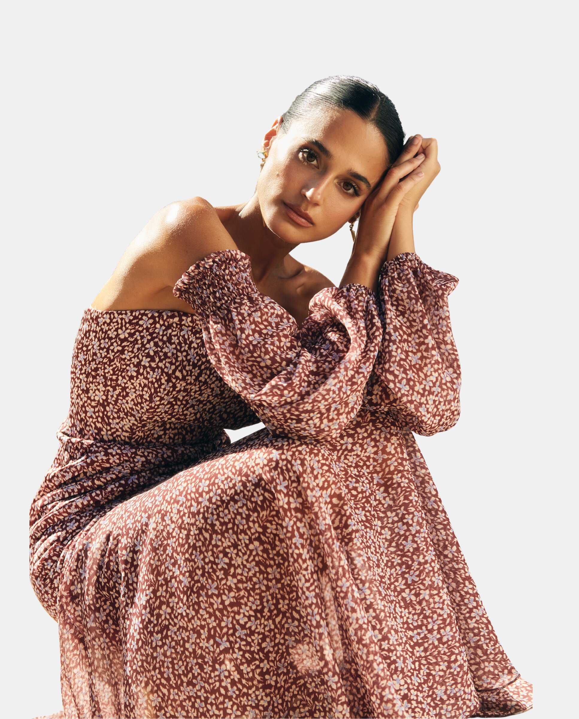 Vestido midi palabra de honor estampado - MIPHAI - Granate Granate-2
