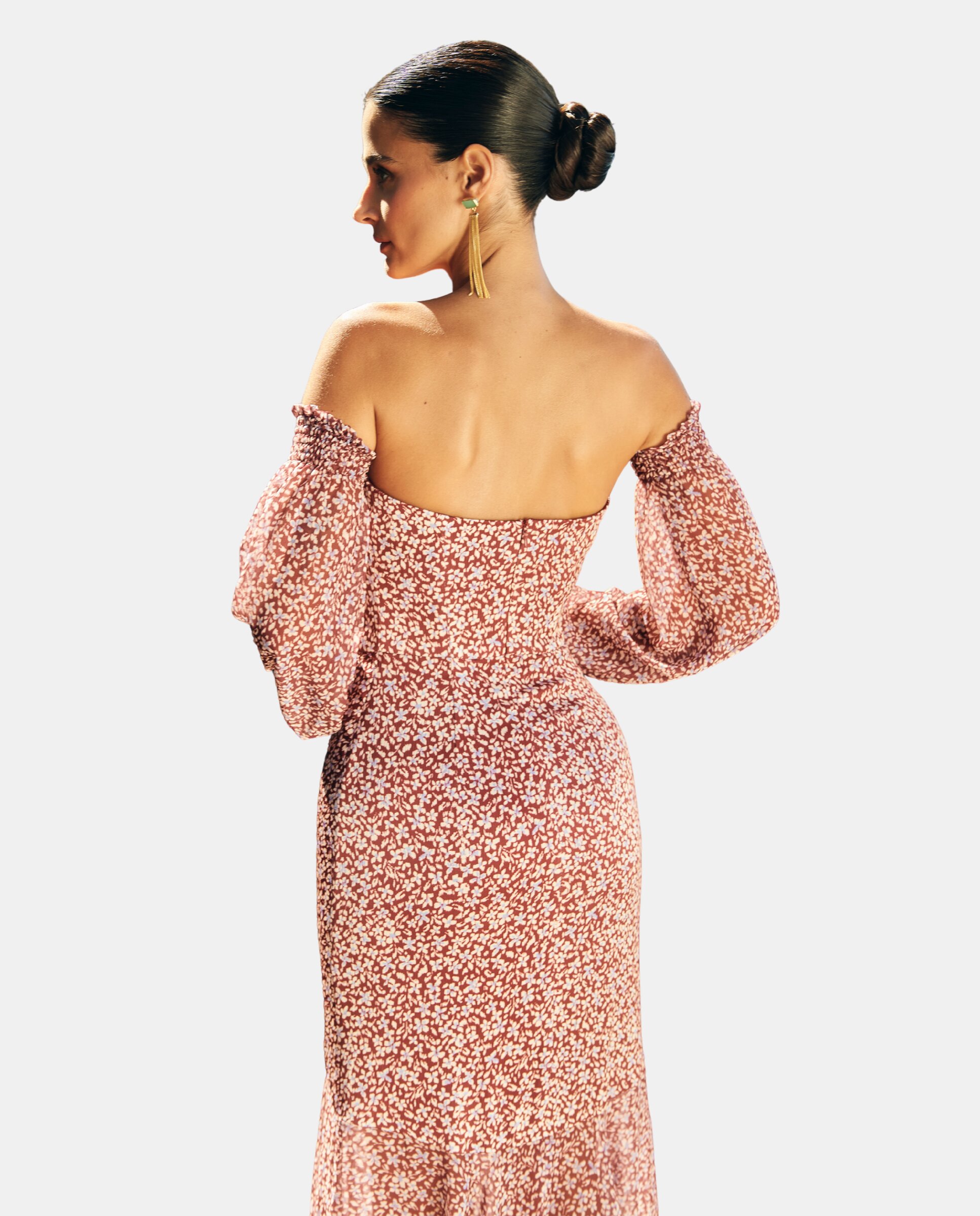 Vestido midi palabra de honor estampado - MIPHAI - Granate Granate-3