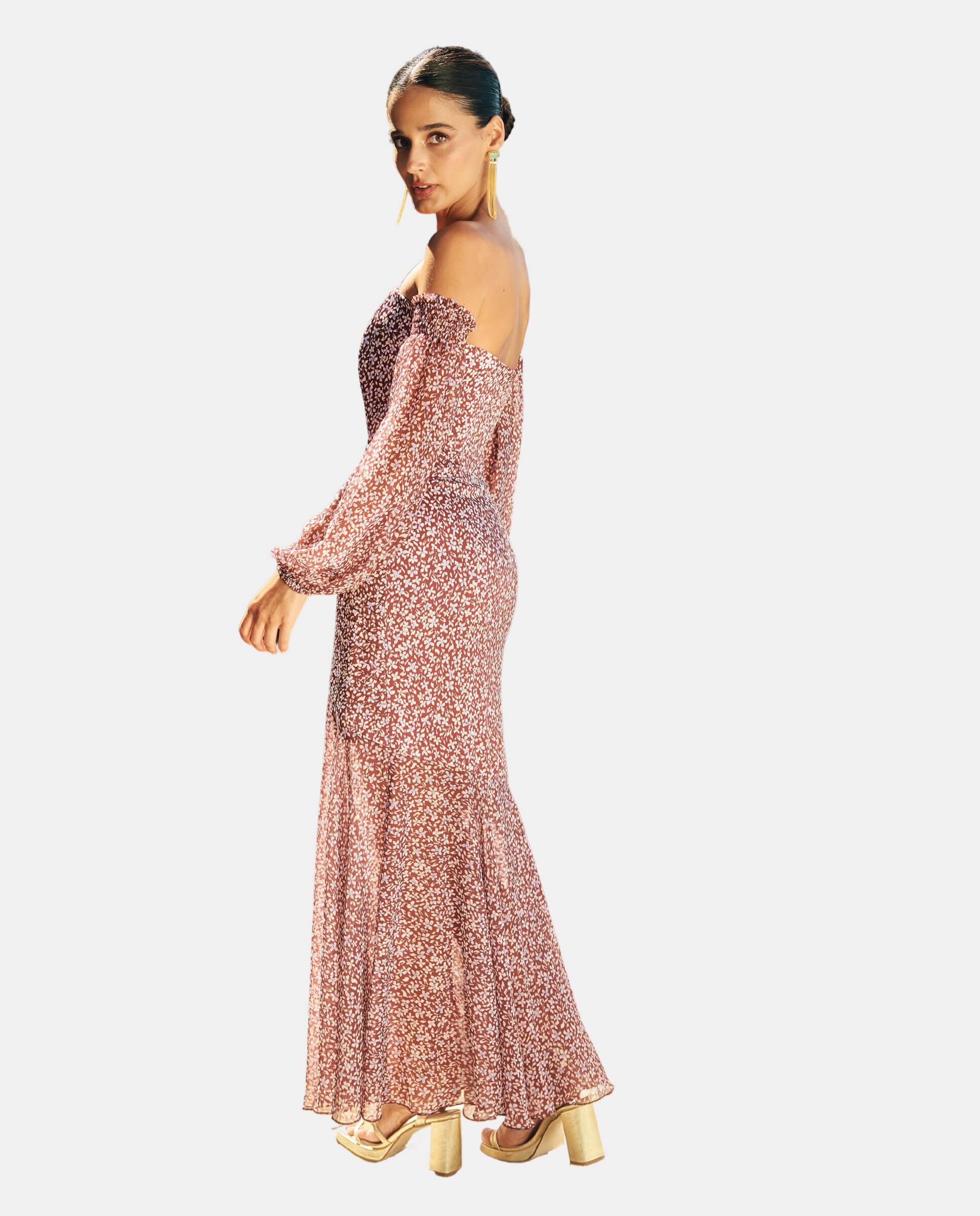 Vestido midi palabra de honor estampado - MIPHAI - Granate Granate-4