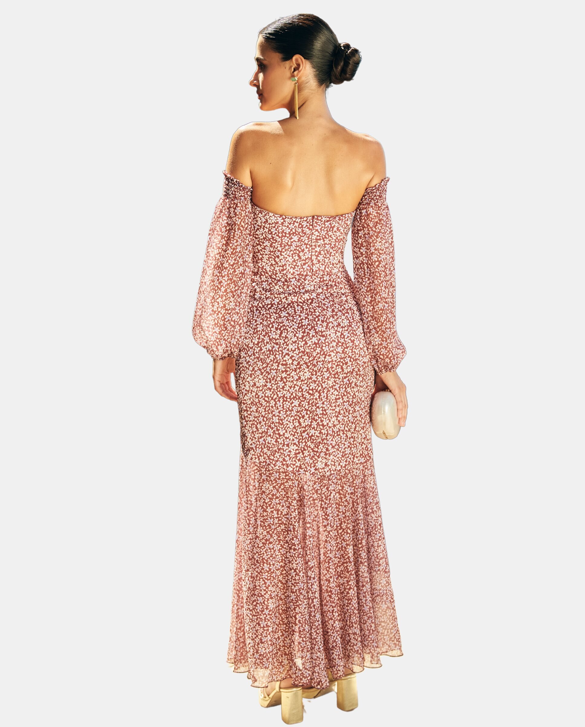 Vestido midi palabra de honor estampado - MIPHAI - Granate Granate-5