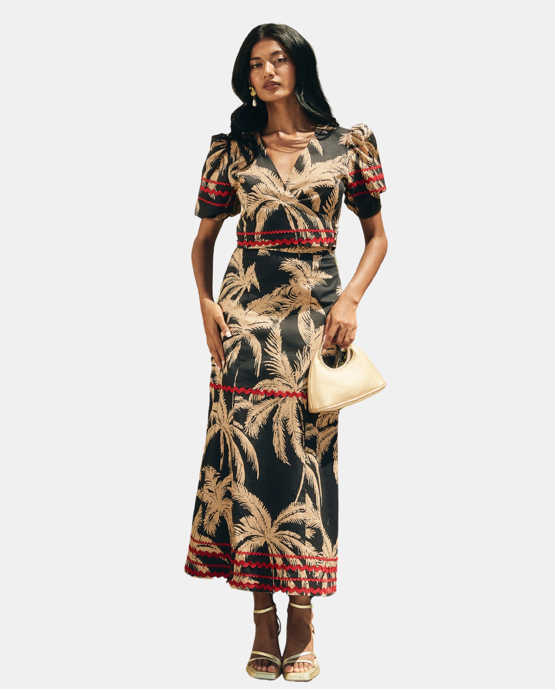 MIPHAI - Falda midi fluida con estampado de palmeras.