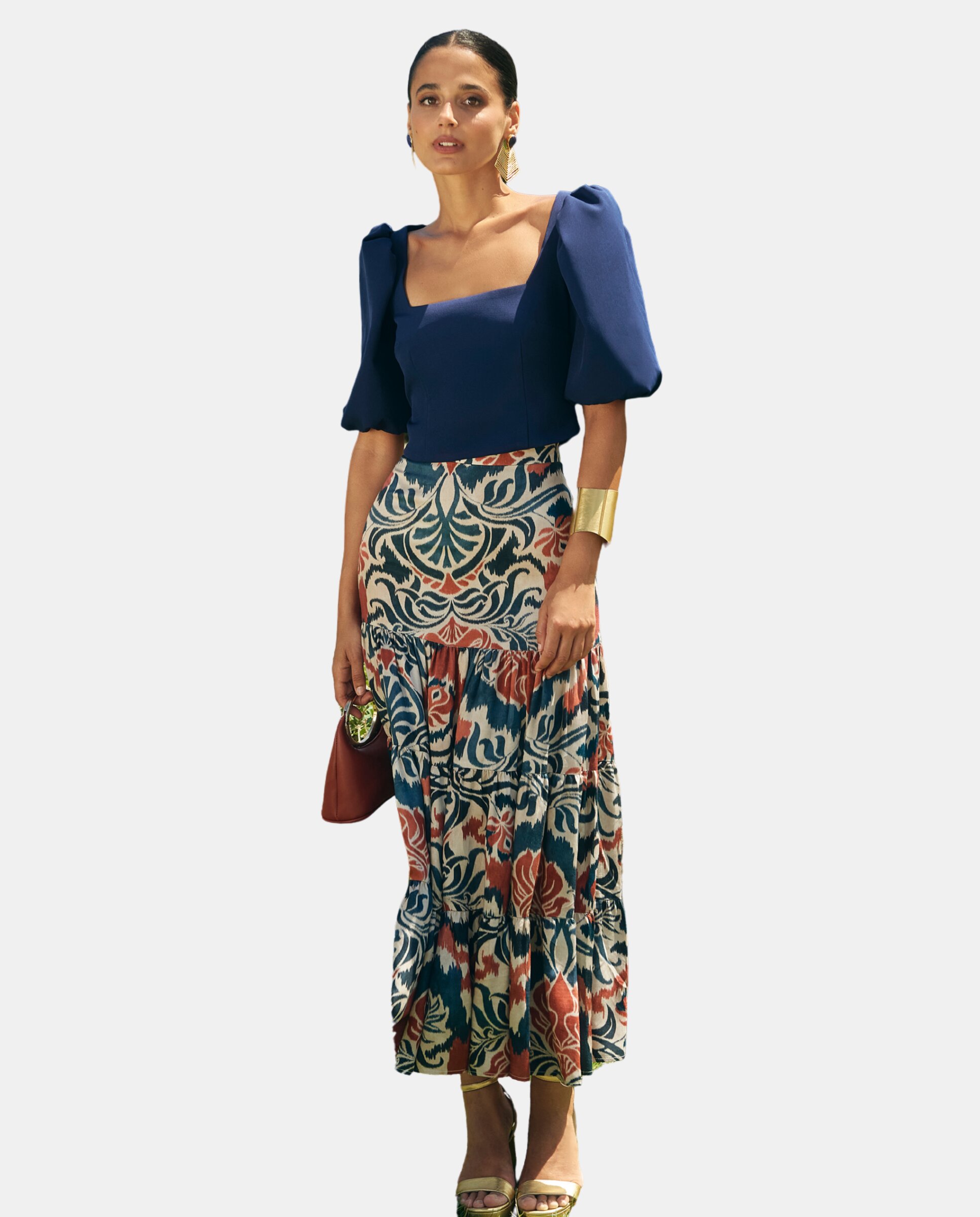 MIPHAI - Falda midi con volantes estilo canastero.