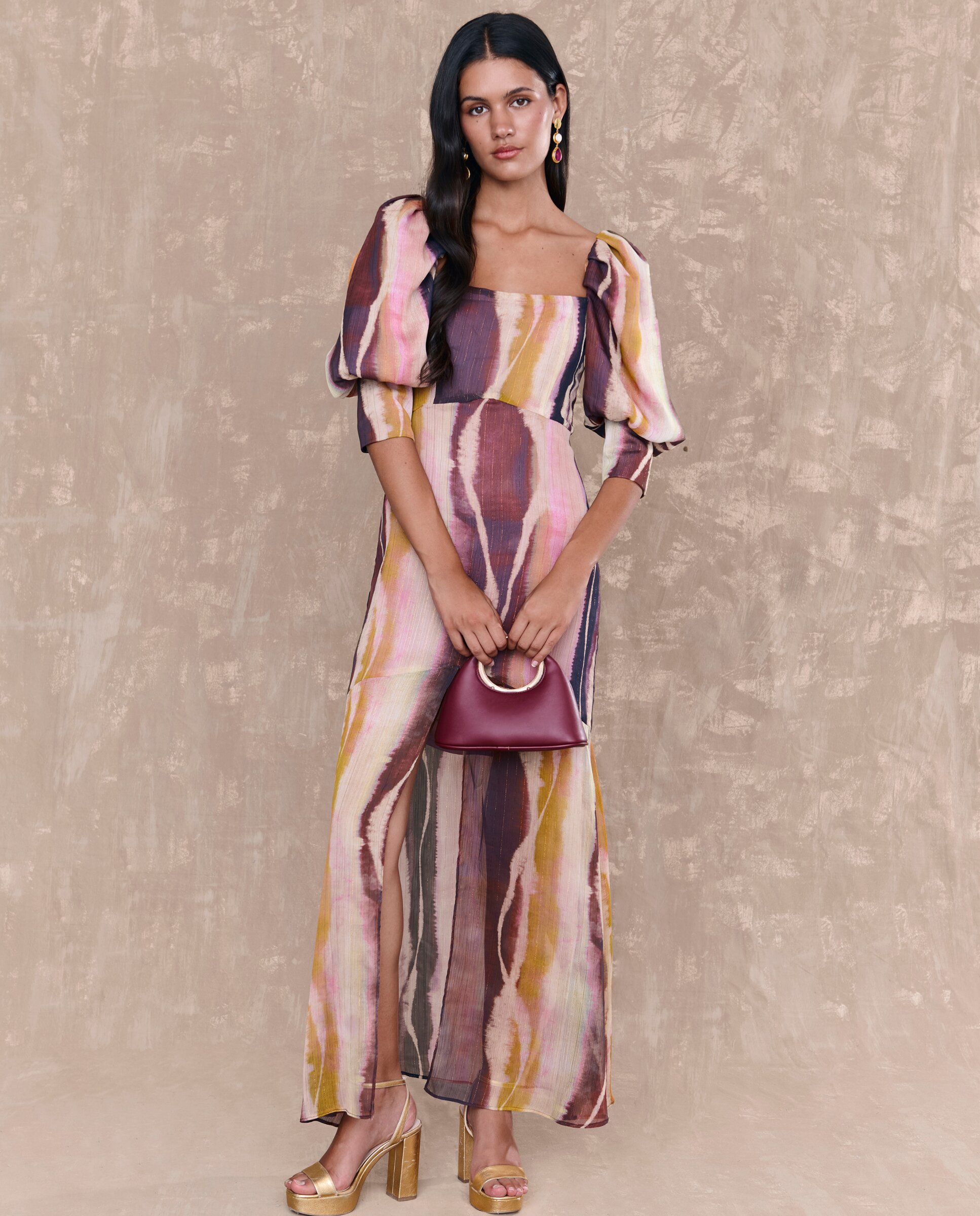 MIPHAI - Vestido midi estampado con mangas abullonadas.