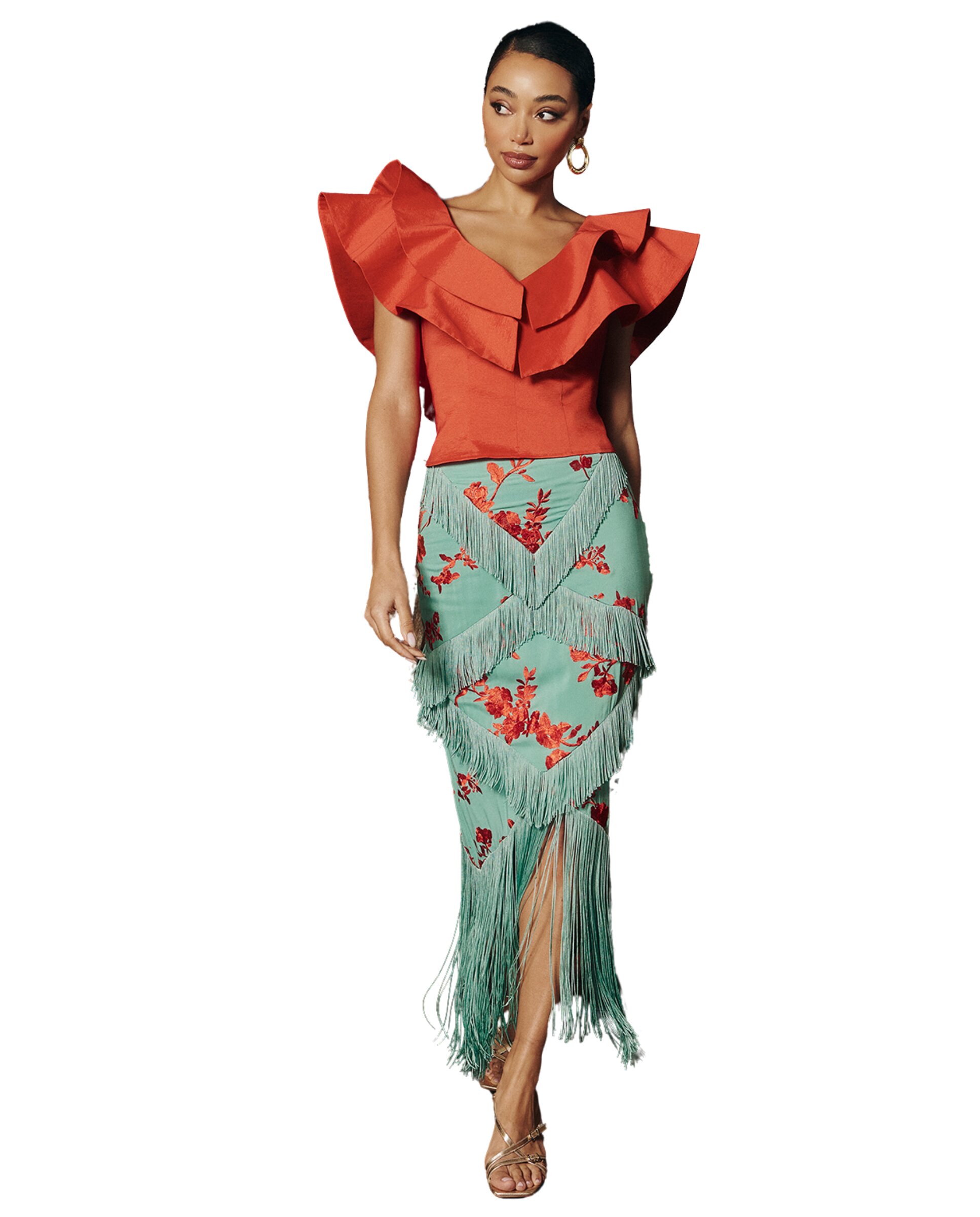 MIPHAI - Falda midi con flecos estampada.