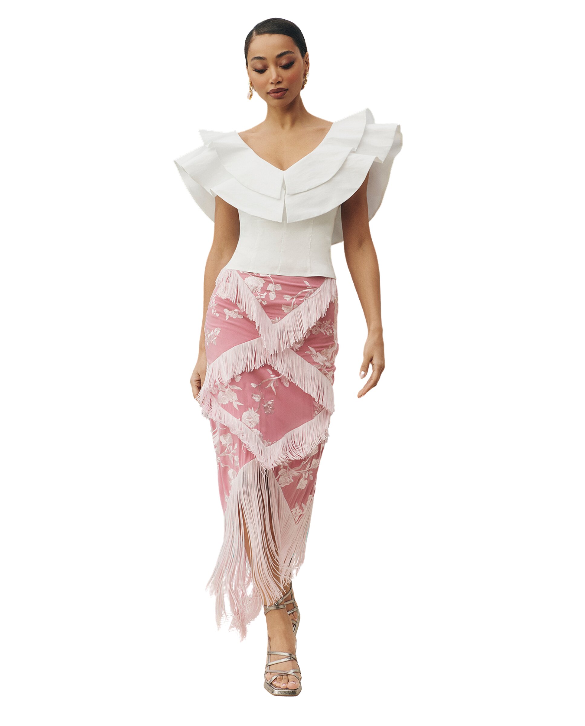 Falda midi con flecos estampada - MIPHAI - Azul celeste Rosa-1