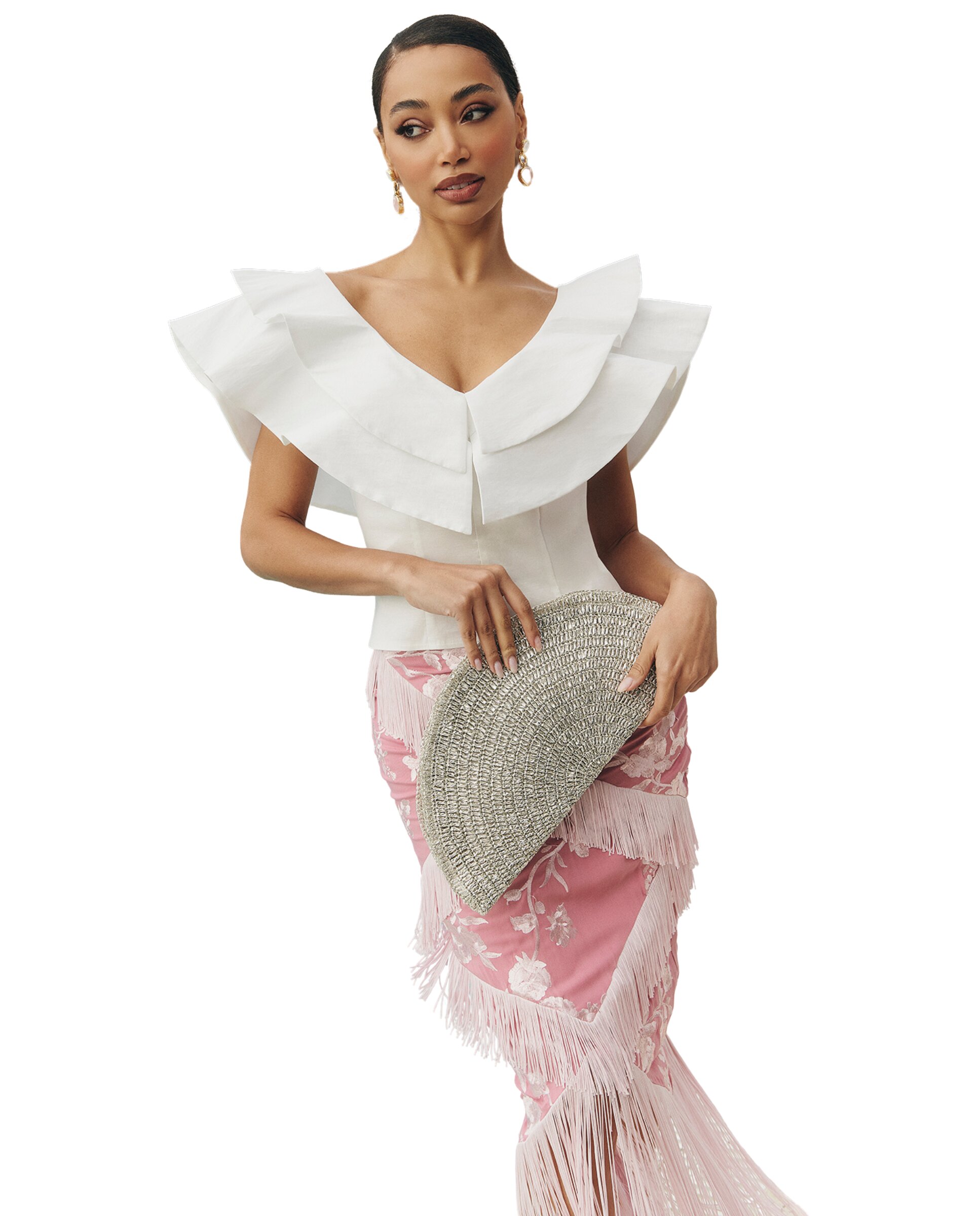 Falda midi con flecos estampada - MIPHAI - Azul celeste Rosa-3