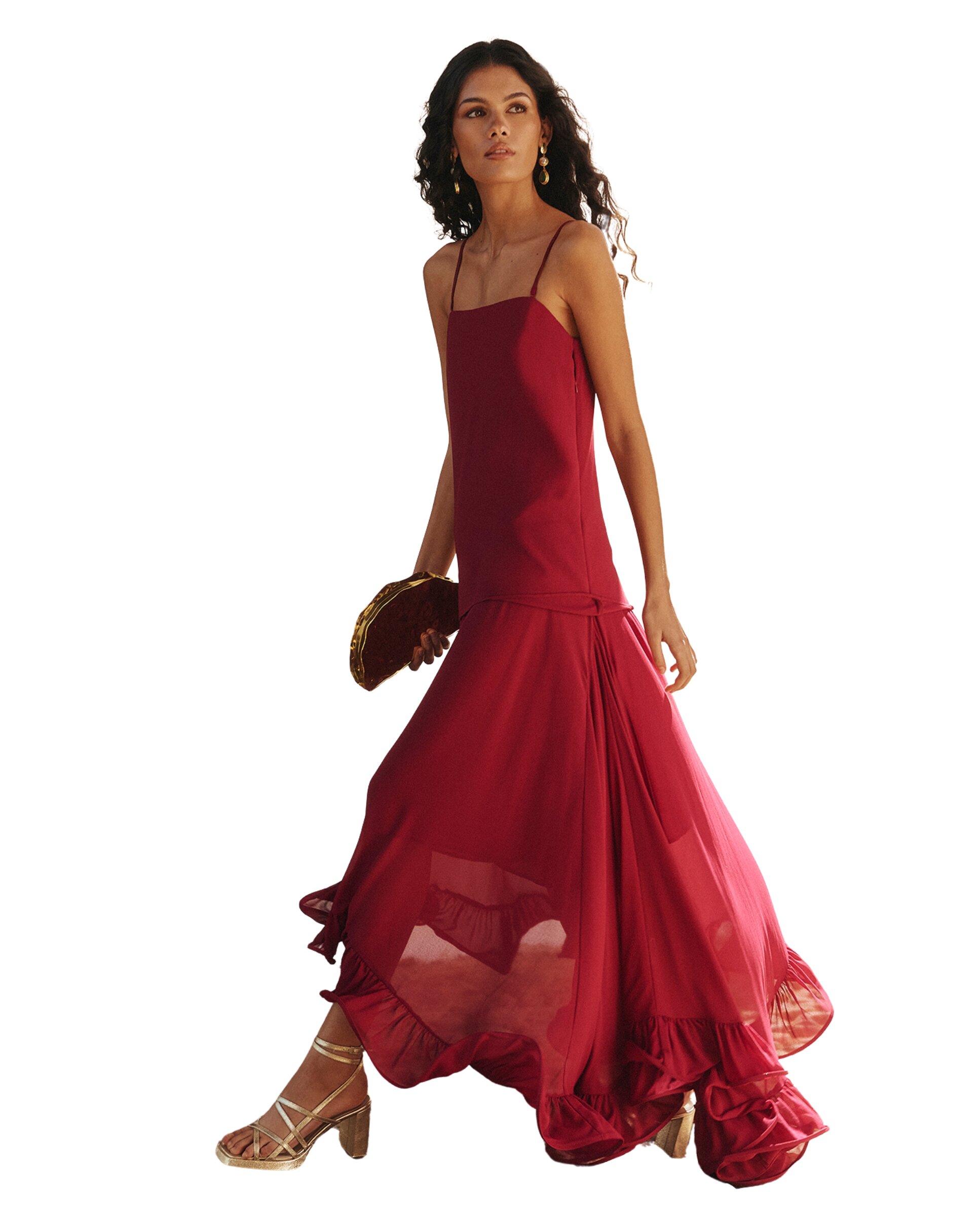 MIPHAI - Vestido midi con tirantes finos y corte evasé.