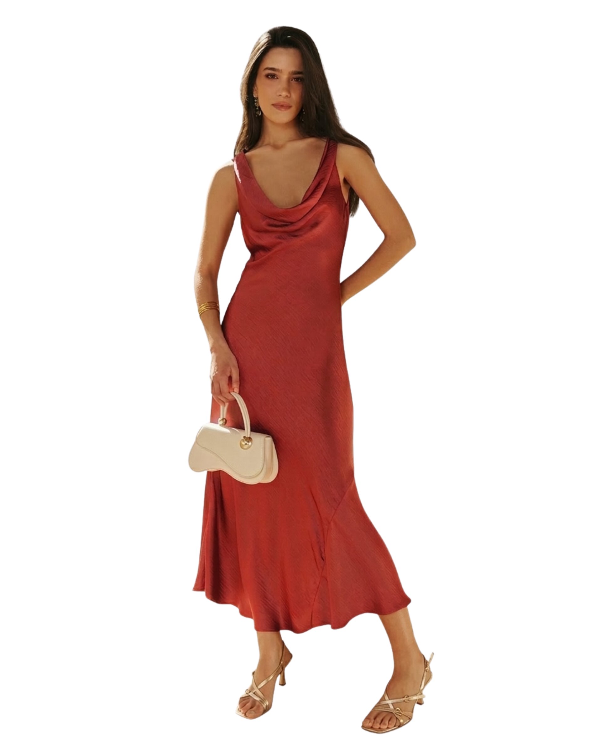 MIPHAI - Vestido midi satinado con drapeado en escote y espalda.
