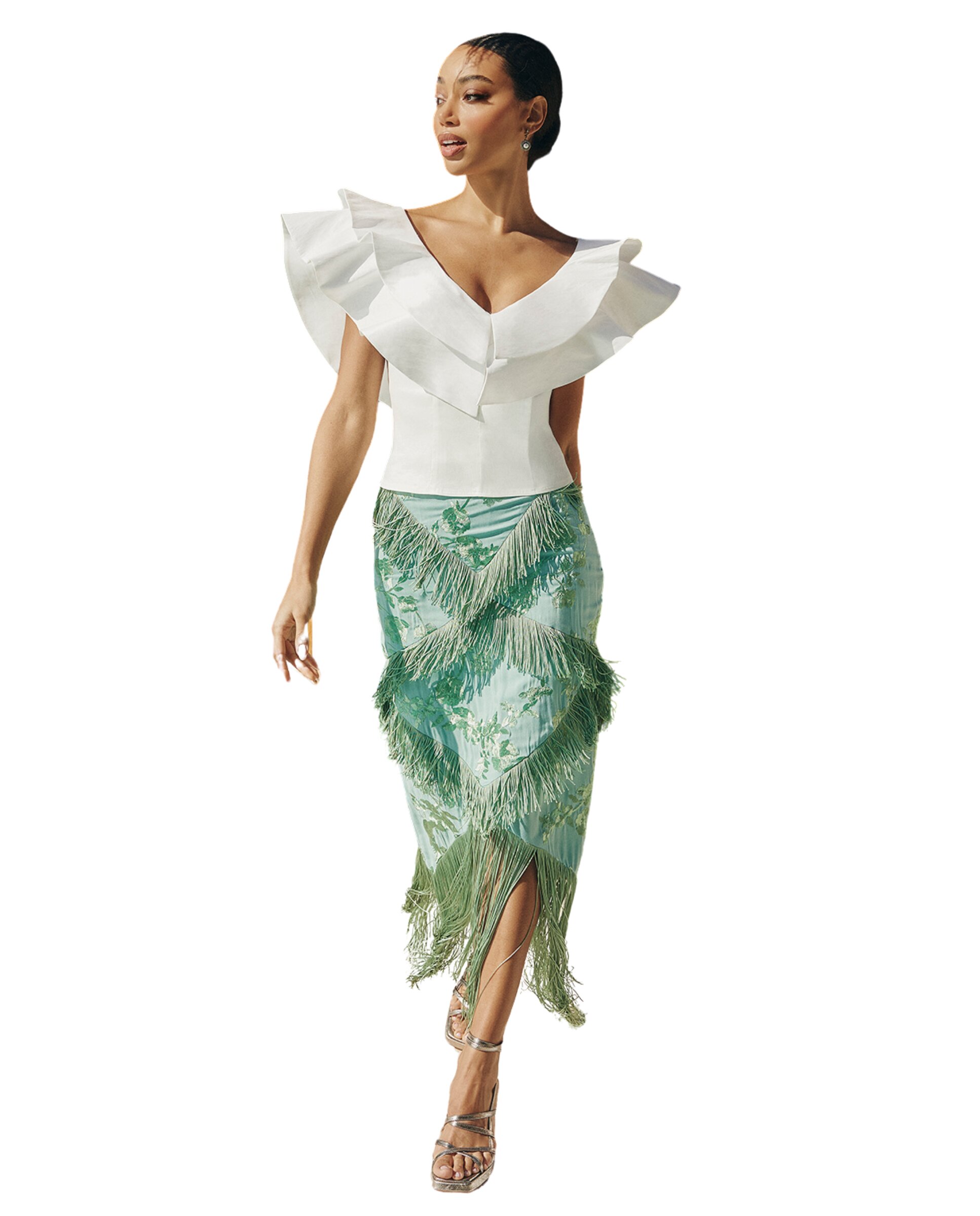 Saia Midi com Franjas Estampada Verde Água-2