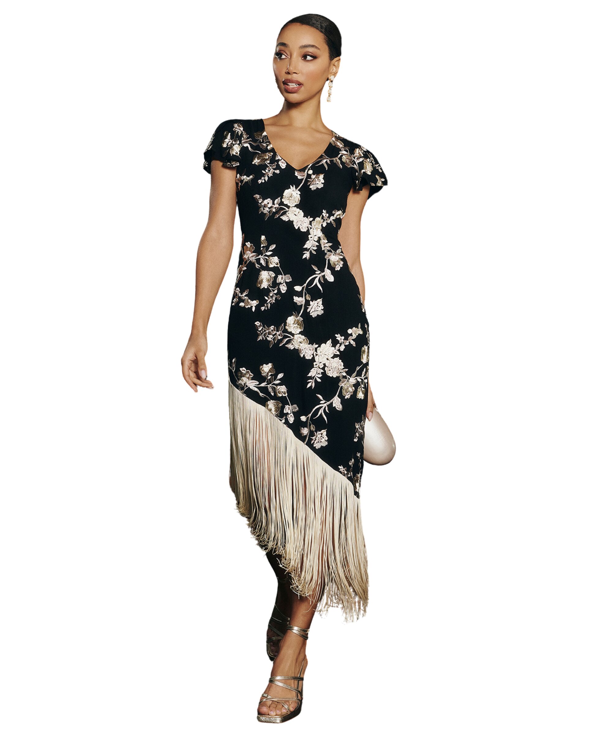 Vestido midi con bordado floral y flecos - MIPHAI - Negro / Natural Negro / Natural-1