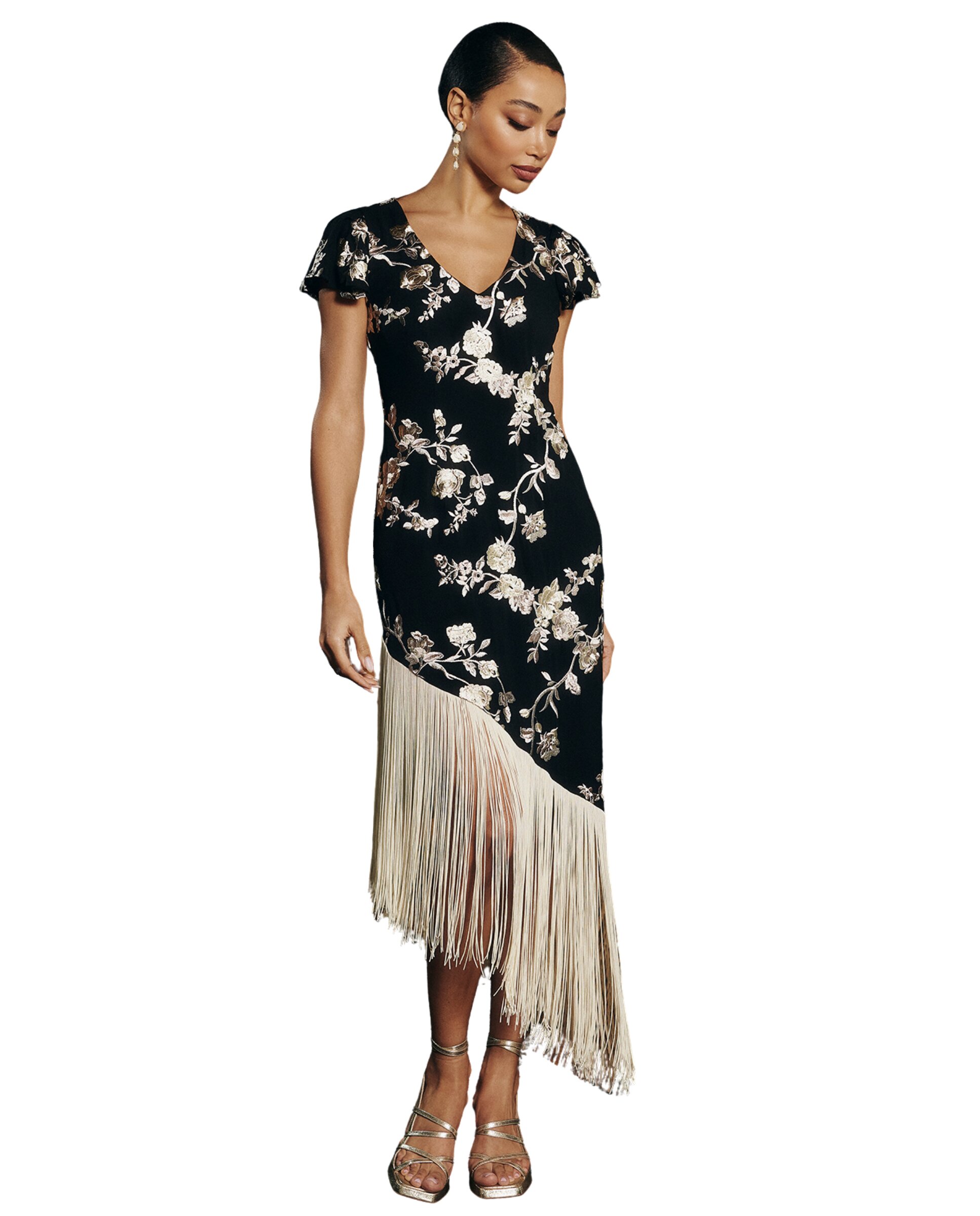 Vestido midi con bordado floral y flecos - MIPHAI - Negro / Natural Negro / Natural-2