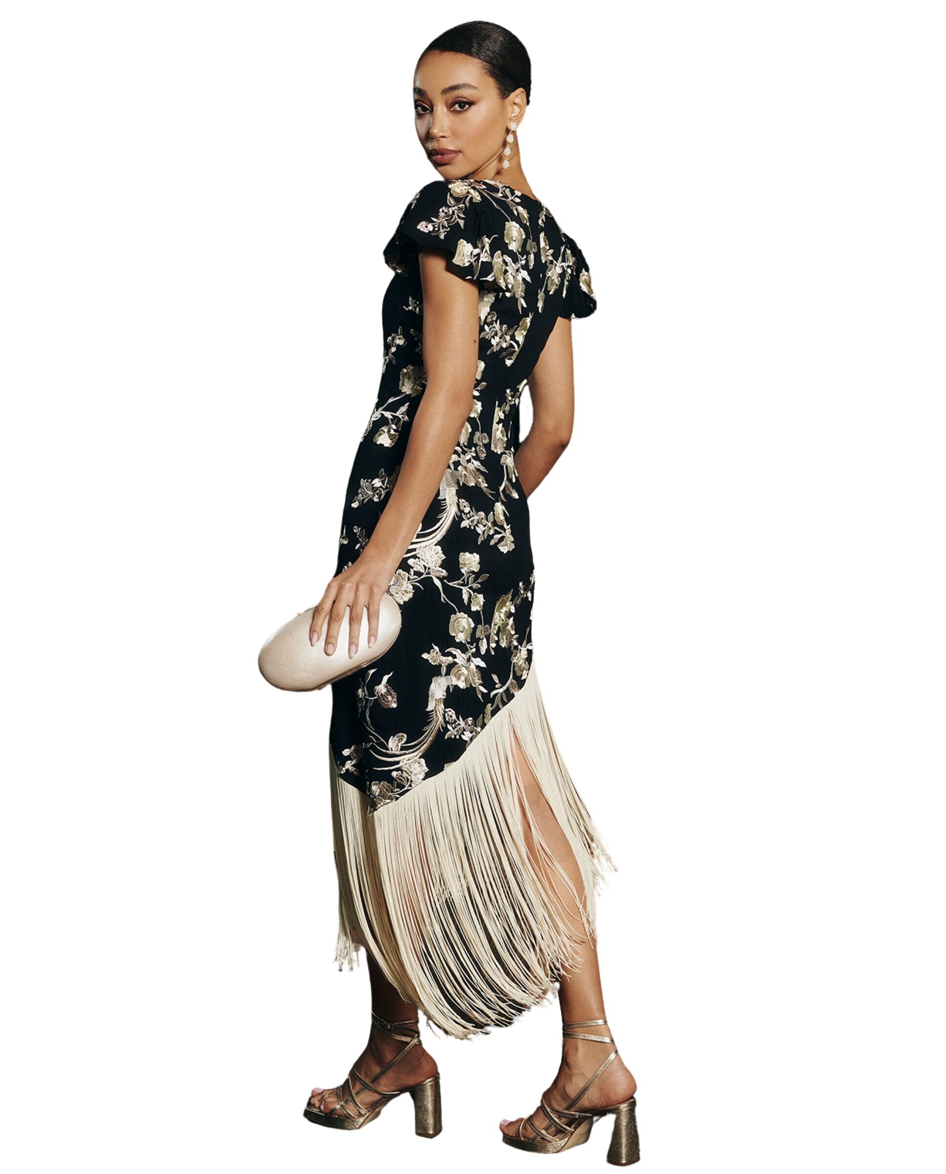 Vestido midi con bordado floral y flecos - MIPHAI - Negro / Natural Negro / Natural-3