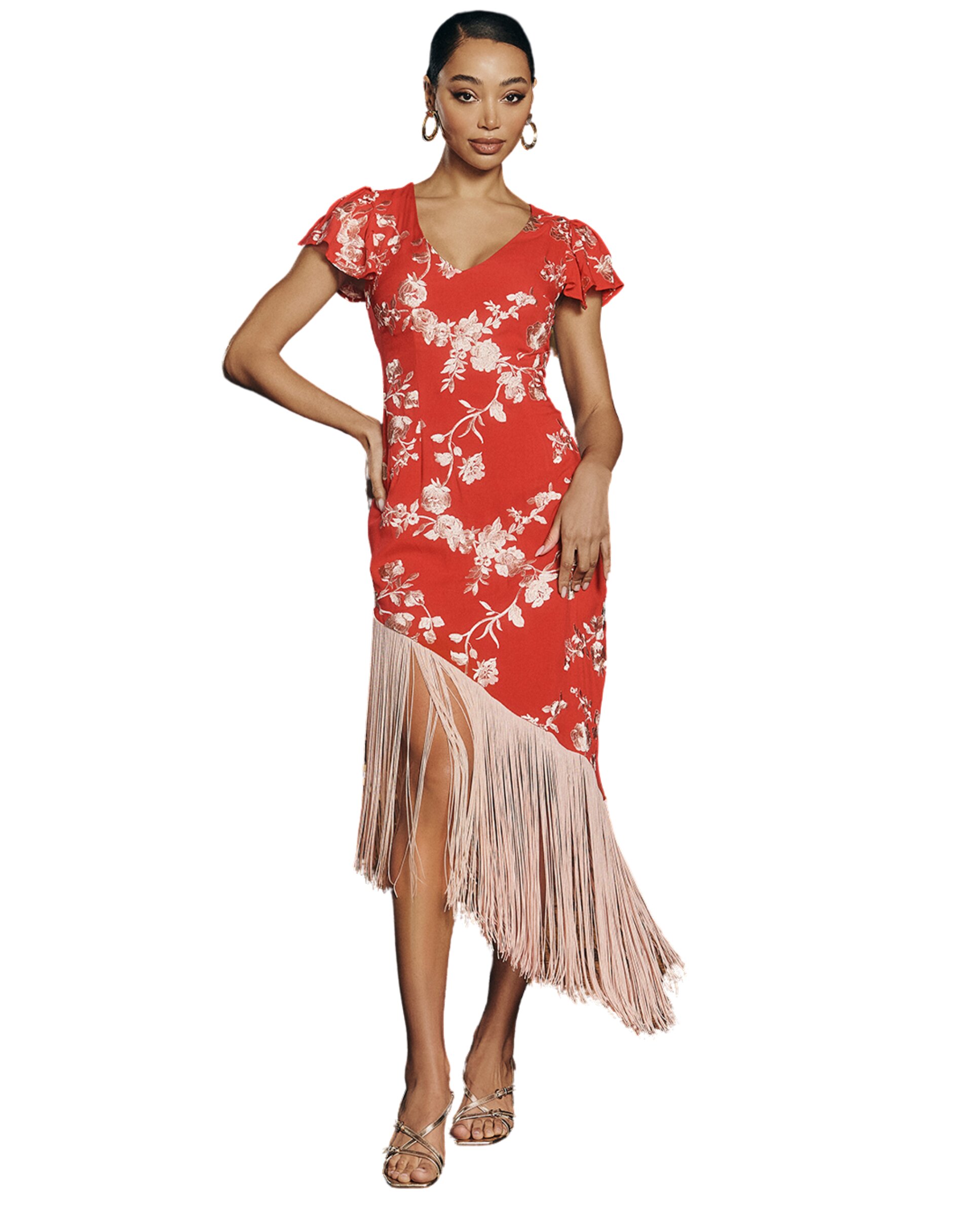 Vestido midi con bordado floral y flecos - MIPHAI - Coral Coral-1