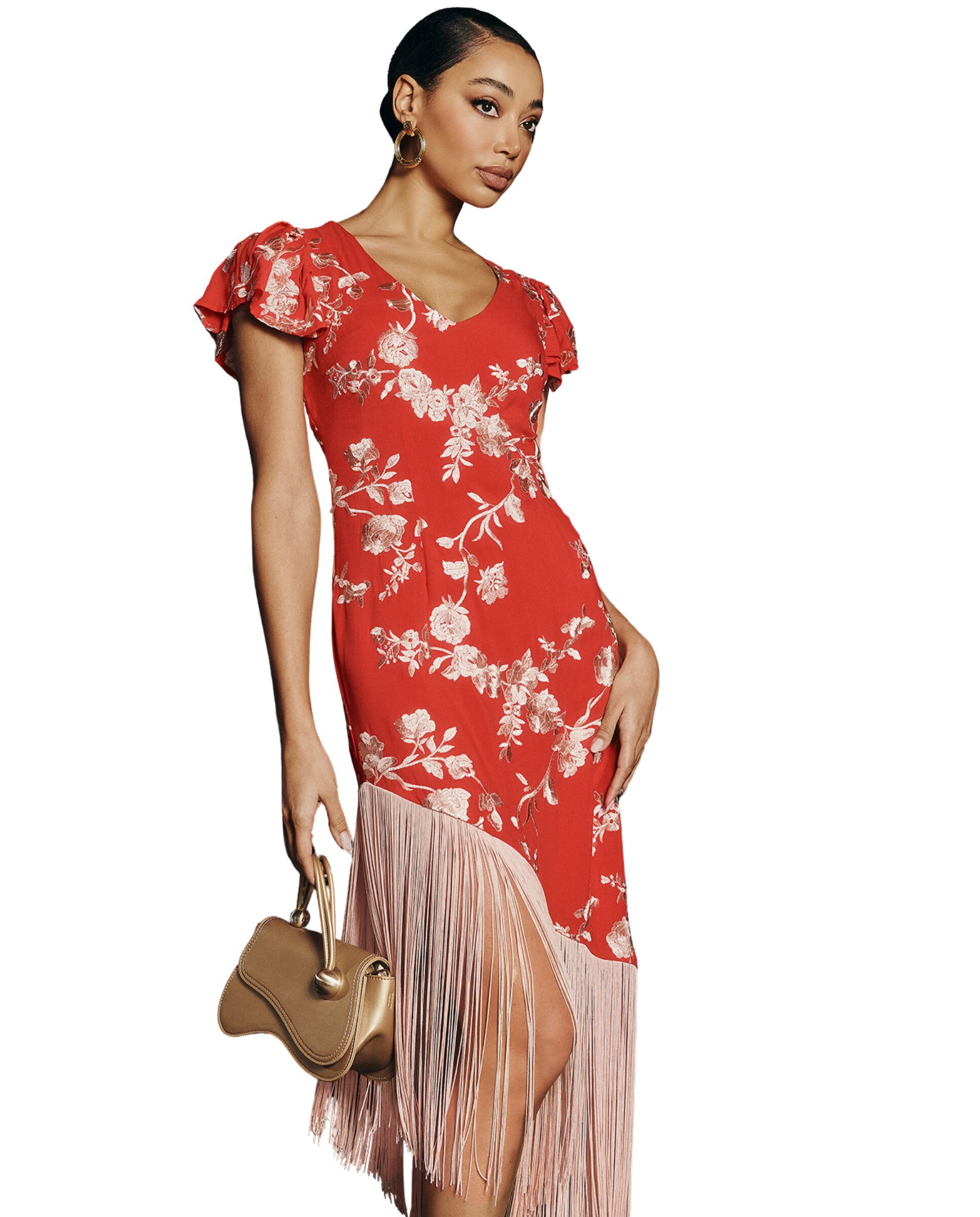 Vestido midi con bordado floral y flecos - MIPHAI - Coral Coral-3