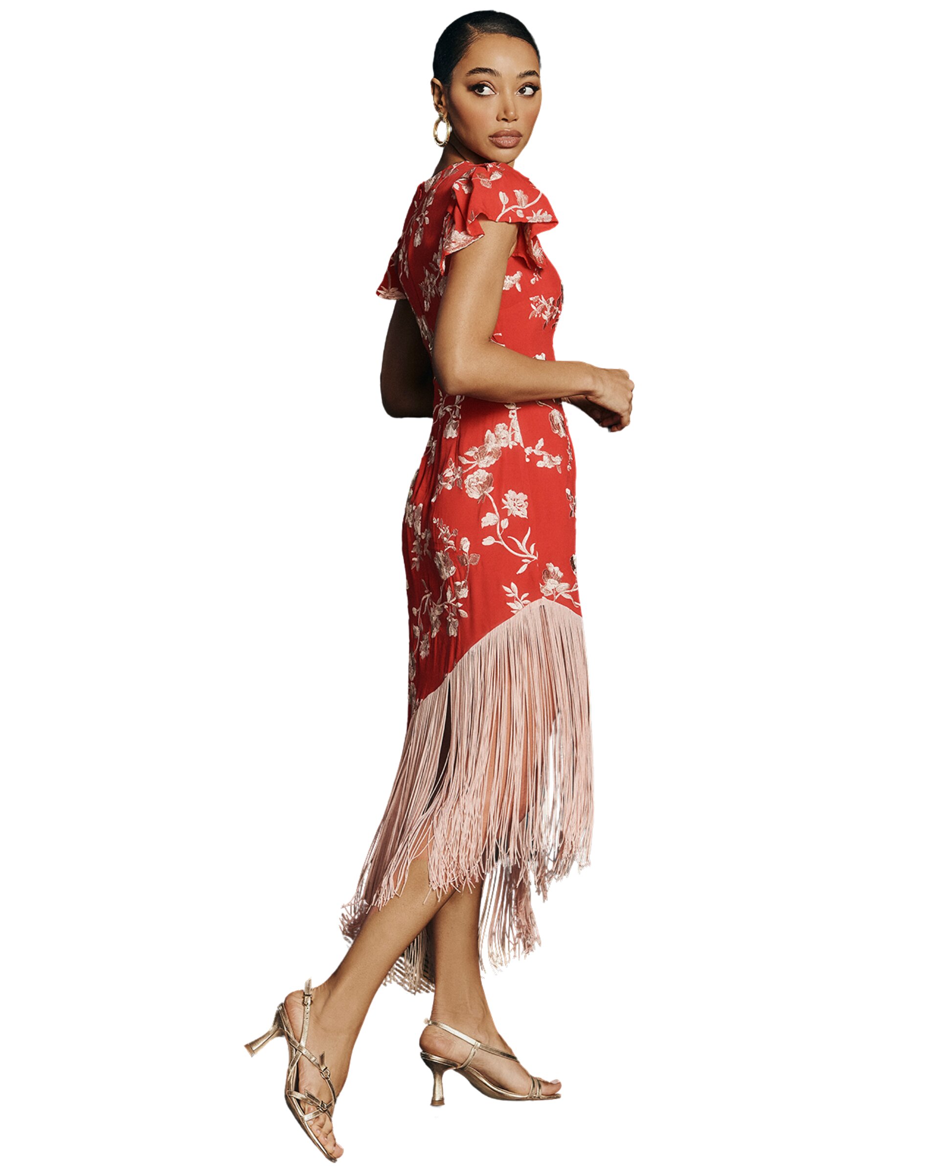 Vestido midi con bordado floral y flecos - MIPHAI - Coral Coral-4