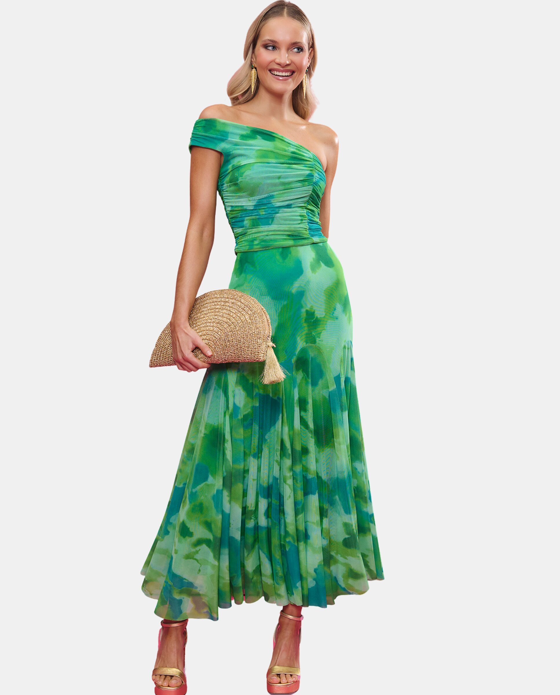 MIPHAI - Falda midi de tul estampada con corte godets circular.