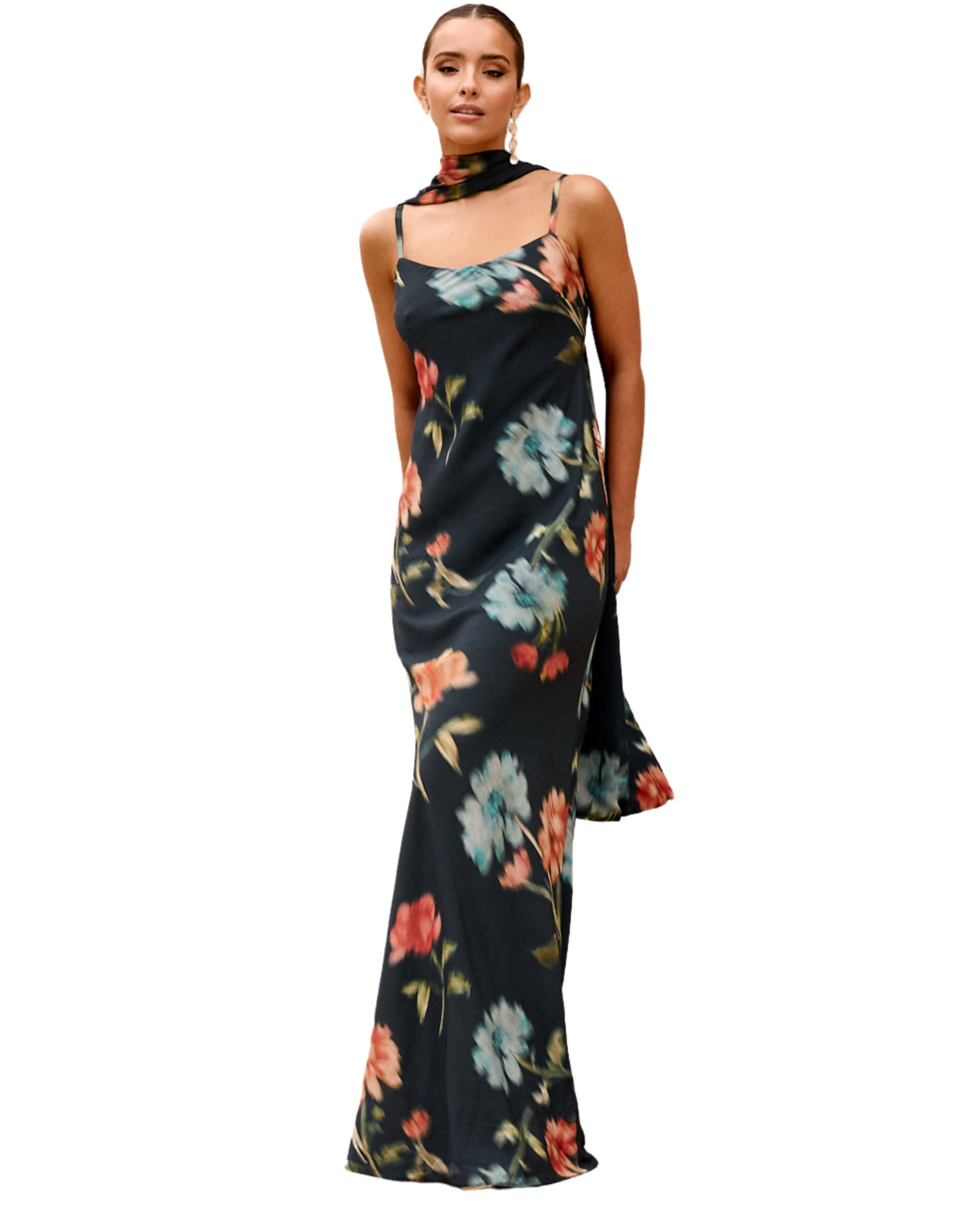MIPHAI - Vestido largo estampado con escote en espalda.