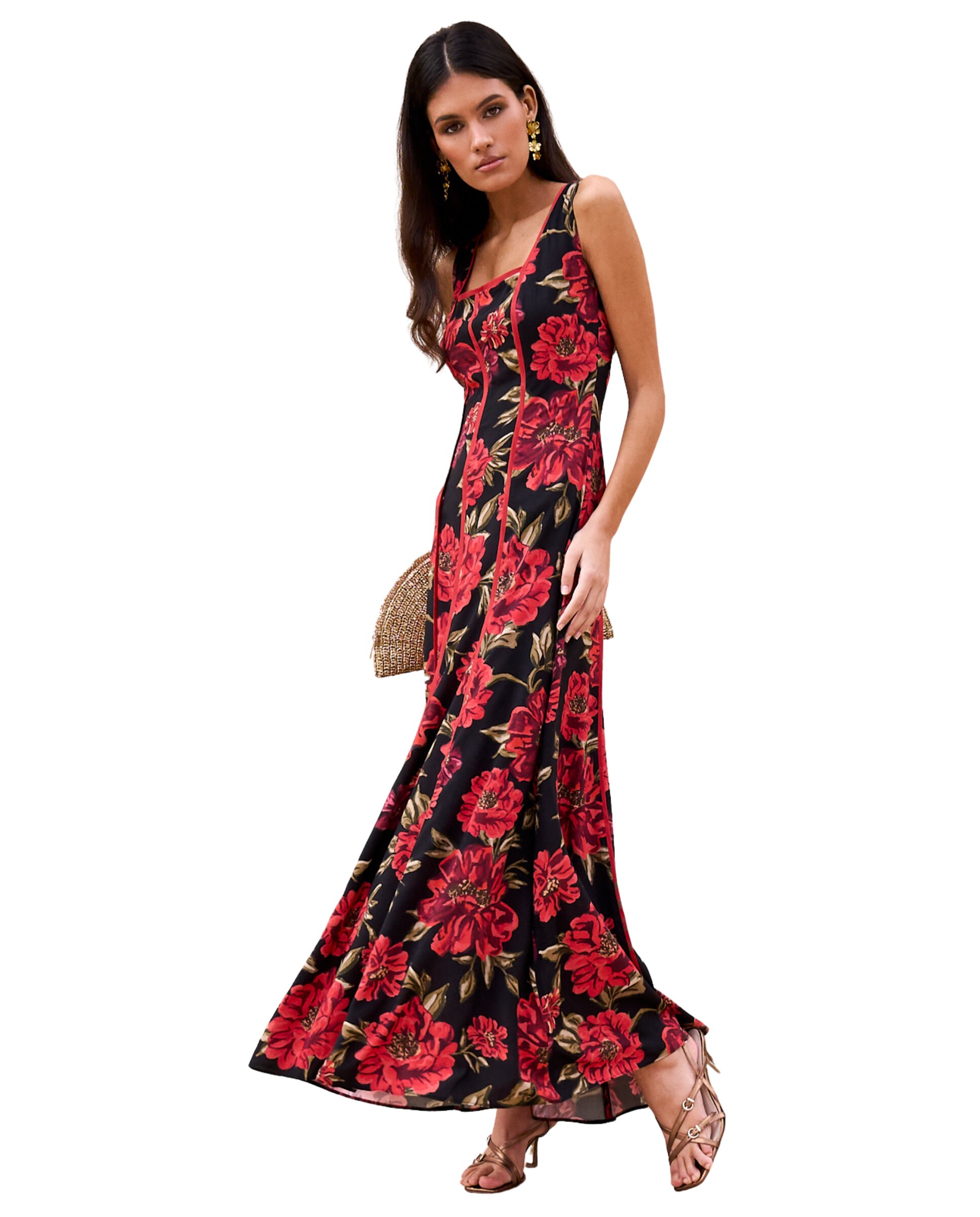 Vestido largo estampado con escote cuadrado