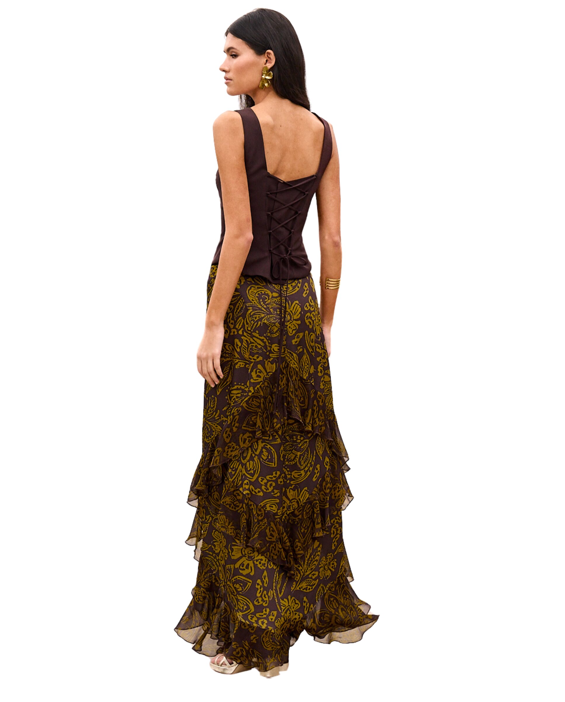 MIPHAI - Falda midi estampada asimétrica con volantes.