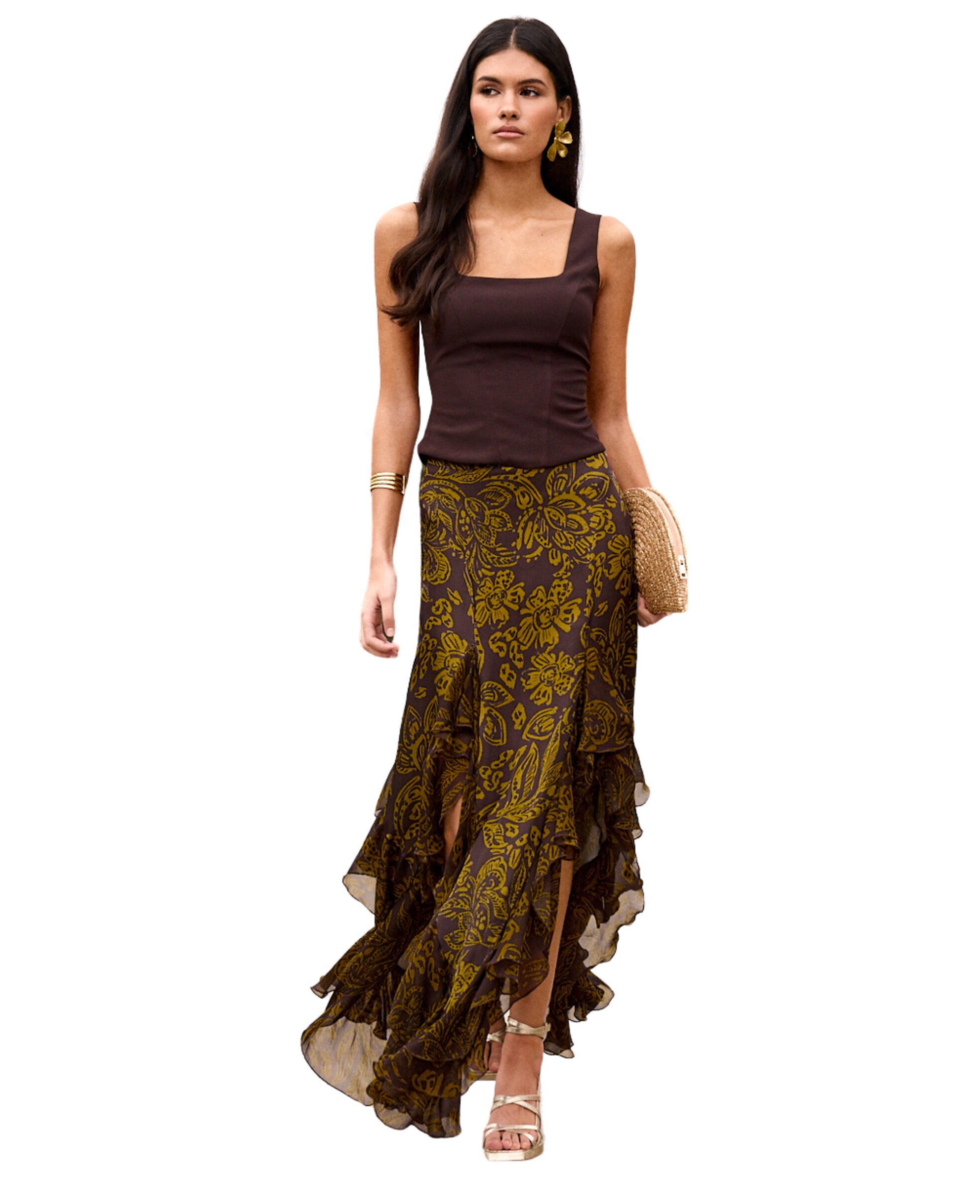 Falda midi estampada asimétrica con volantes - MIPHAI - Choco Choco-2