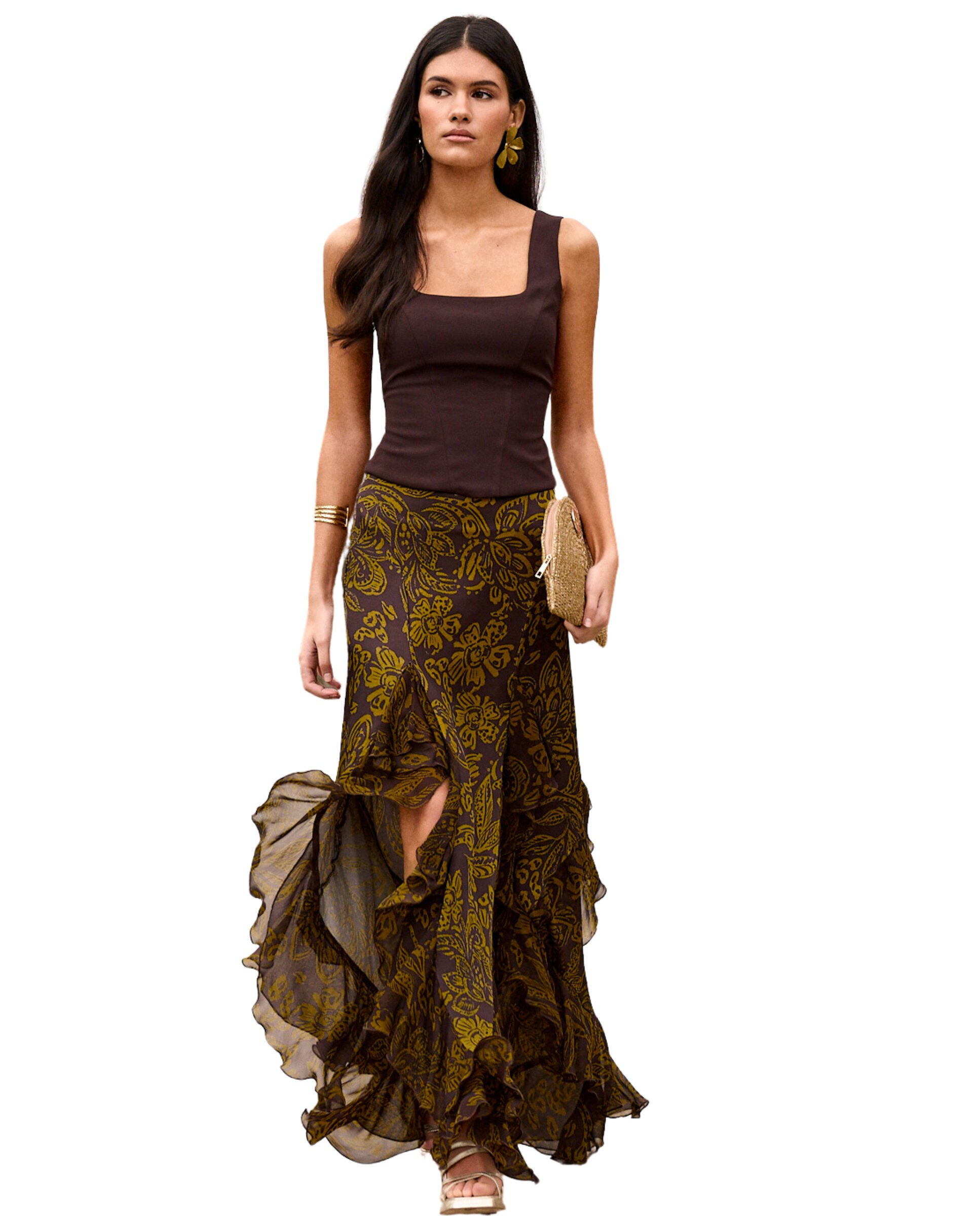 Falda midi estampada asimétrica con volantes - MIPHAI - Choco Choco-3